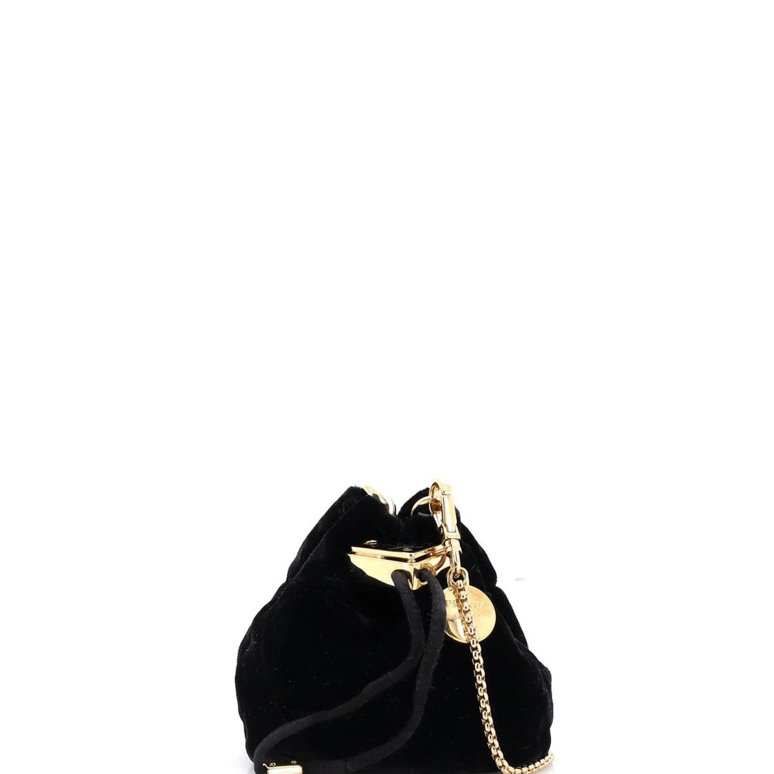 Logo Drawstring Pouch Velvet Mini Prada Bag Bucket Triangle: Logo Drawstring Pouch Velvet Mini Prada Bag Bucket Triangle Small but stylish, this velvet mini Prada bag features a bucket triangle design with a detachable strap. With its heavy scuffs and minor