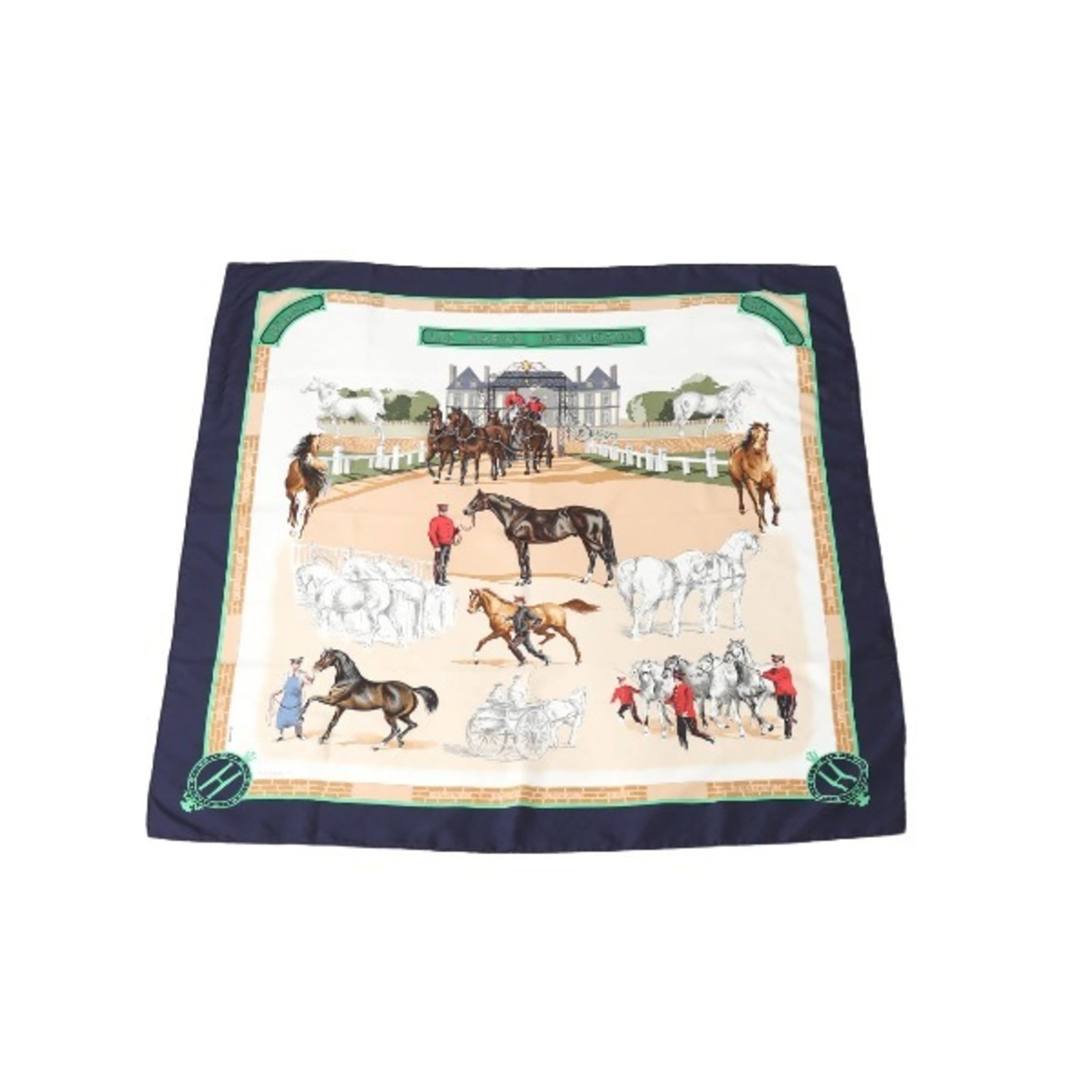 Silk Hermes Scarf: Silk Hermes Scarf Silk in navy, this 88cm x 88cm Hermes scarf is made from high-quality silk material. A classic design, it bears a signature, adding a touch of elegance to any outfit. Item