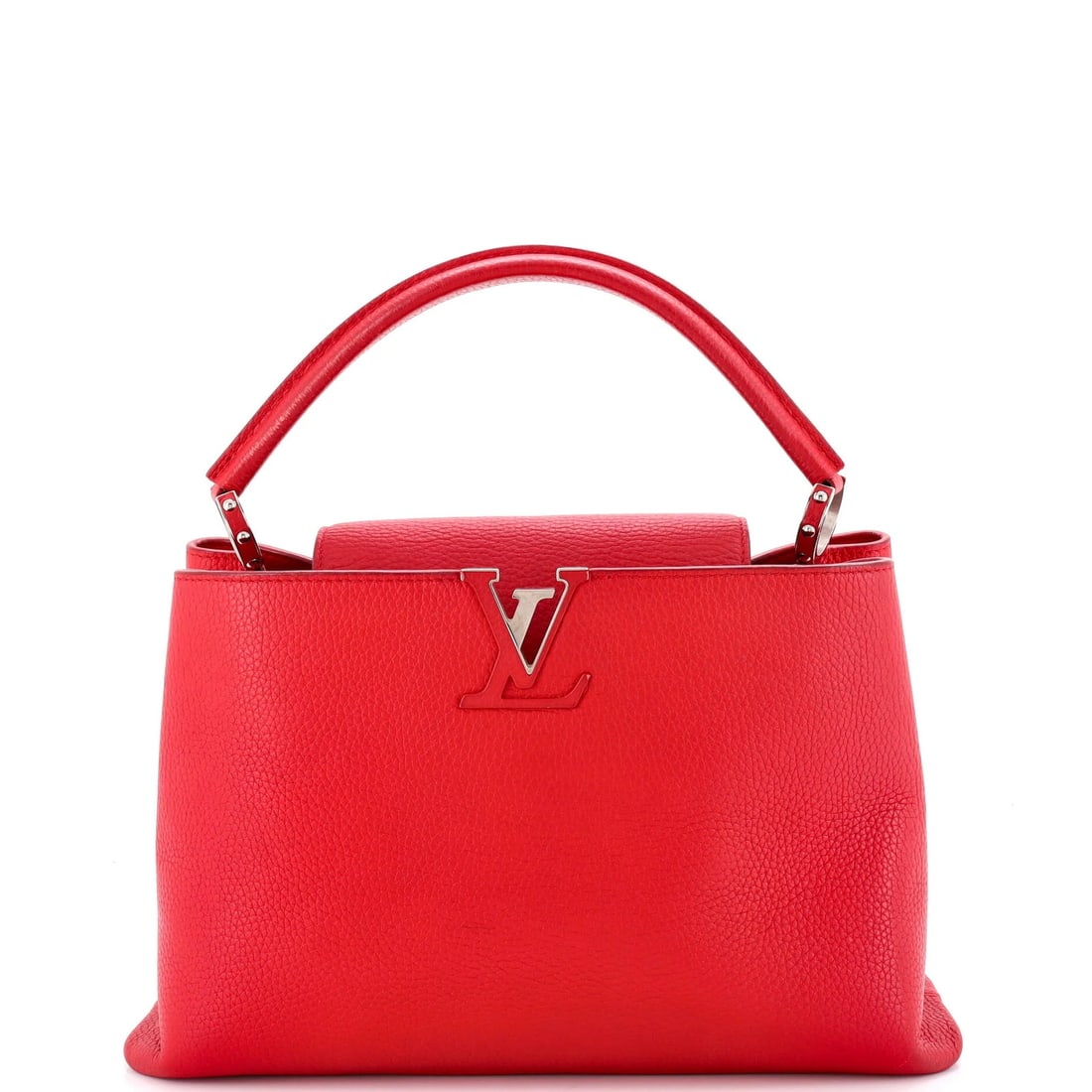 Louis Vuitton Capucines Bag Leather MM: Louis Vuitton Capucines Bag Leather MM Red Louis Vuitton Capucines Bag Leather MM with classic top handle design, featuring a bold exterior color and premium leather construction. The bag boasts a
