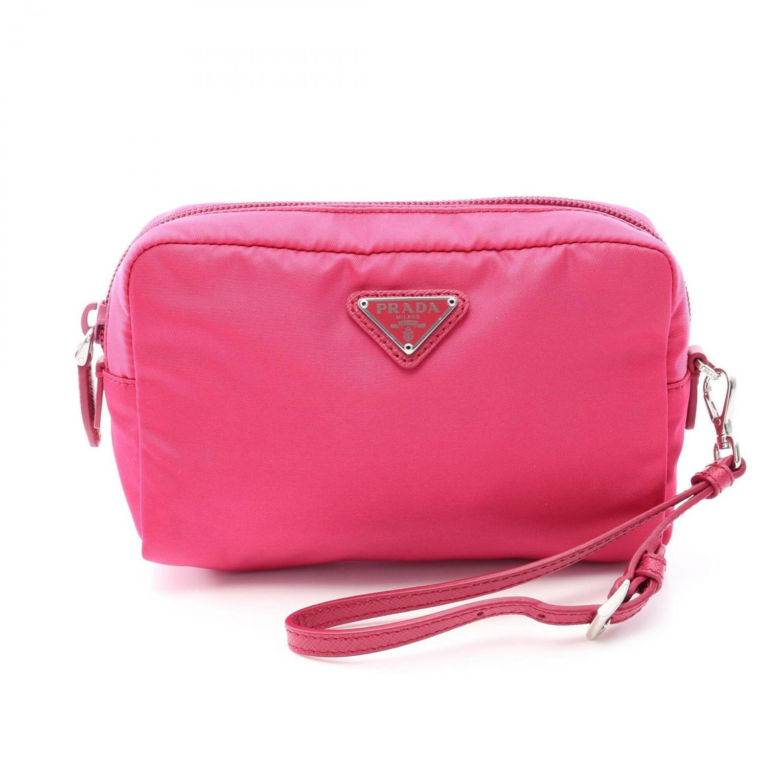 Nylon Saffiano Handbag Pouch Prada: Nylon Saffiano Handbag Pouch Prada Nylon Saffiano Handbag Pouch Prada is made from high-quality Nylon and Saffiano triangle material, giving it a distinctive look and feel. This compact pouch measures