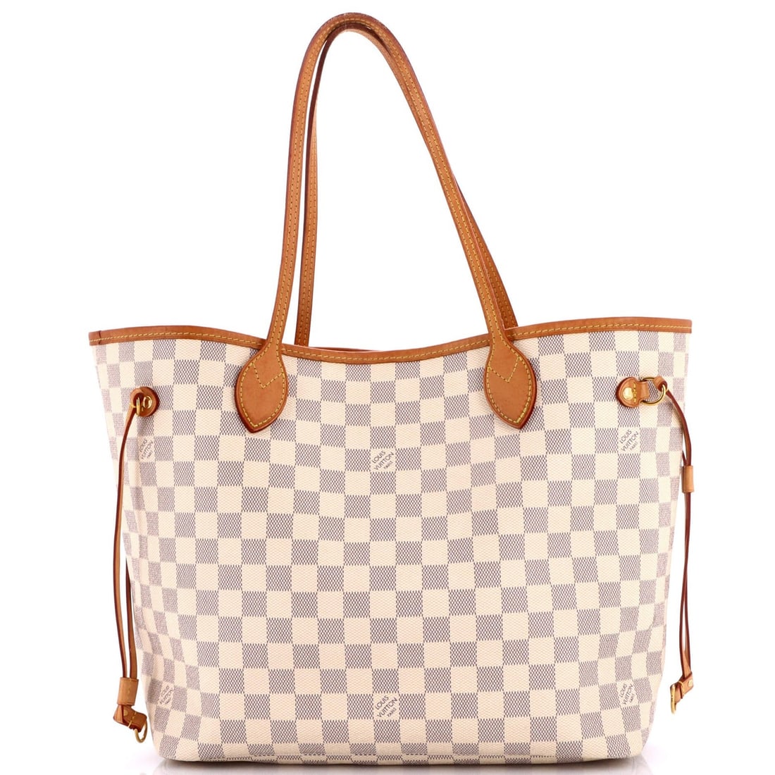 Louis Vuitton Neverfull NM Tote Damier MM: Louis Vuitton Neverfull NM Tote Damier MM White Louis Vuitton Neverfull NM Tote Damier MM in Fair Condition. This canvas coated tote features a classic Damier MM pattern, gold hardware, and a neutral 