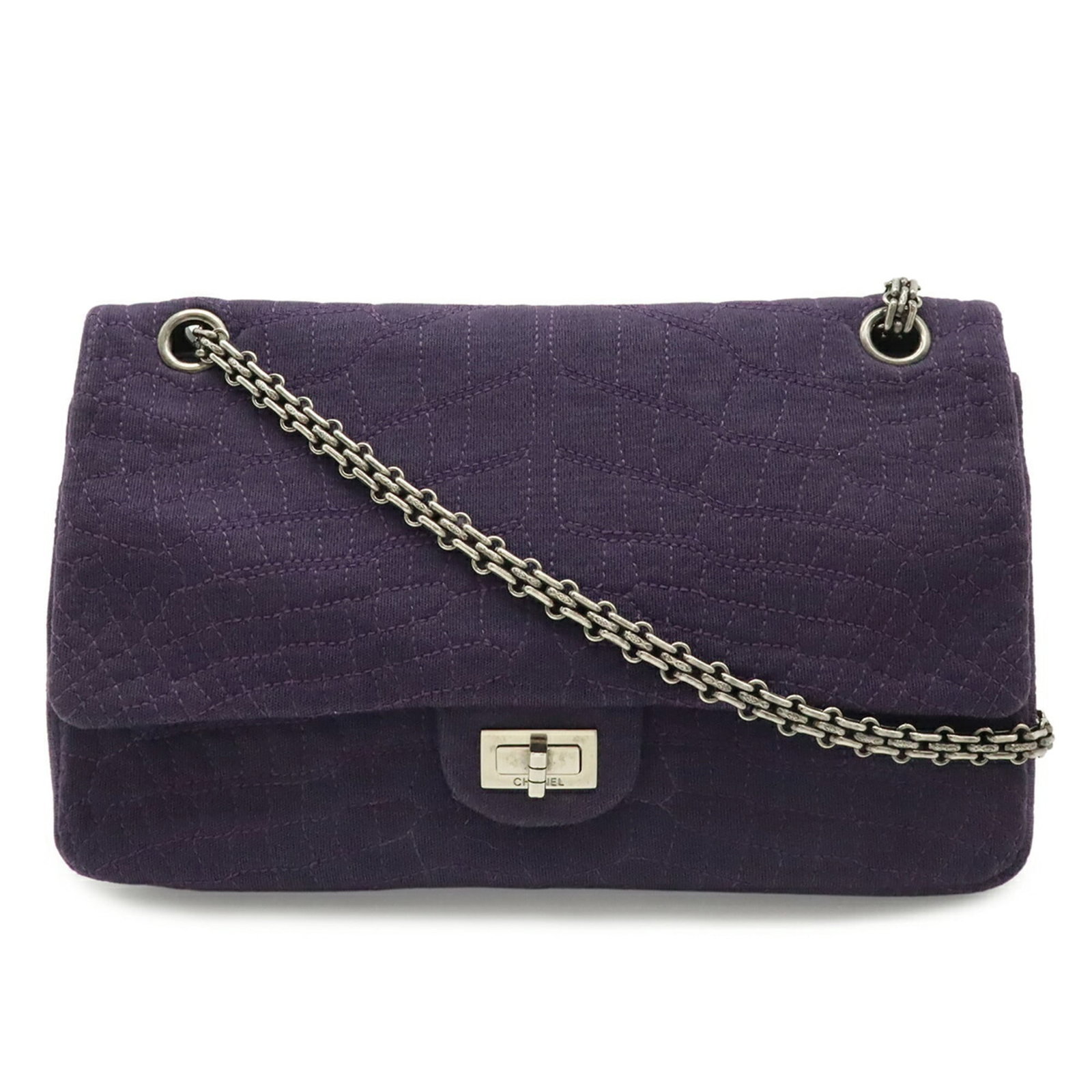Shoulder Bag Cotton By Chanel: Shoulder Bag Cotton By Chanel Cotton shoulder bag from the iconic 2.55 Chanel line, featuring a striking purple hue and sleek silver hardware. This compact bag measures 16cm x 28cm x 6cm, making it a 