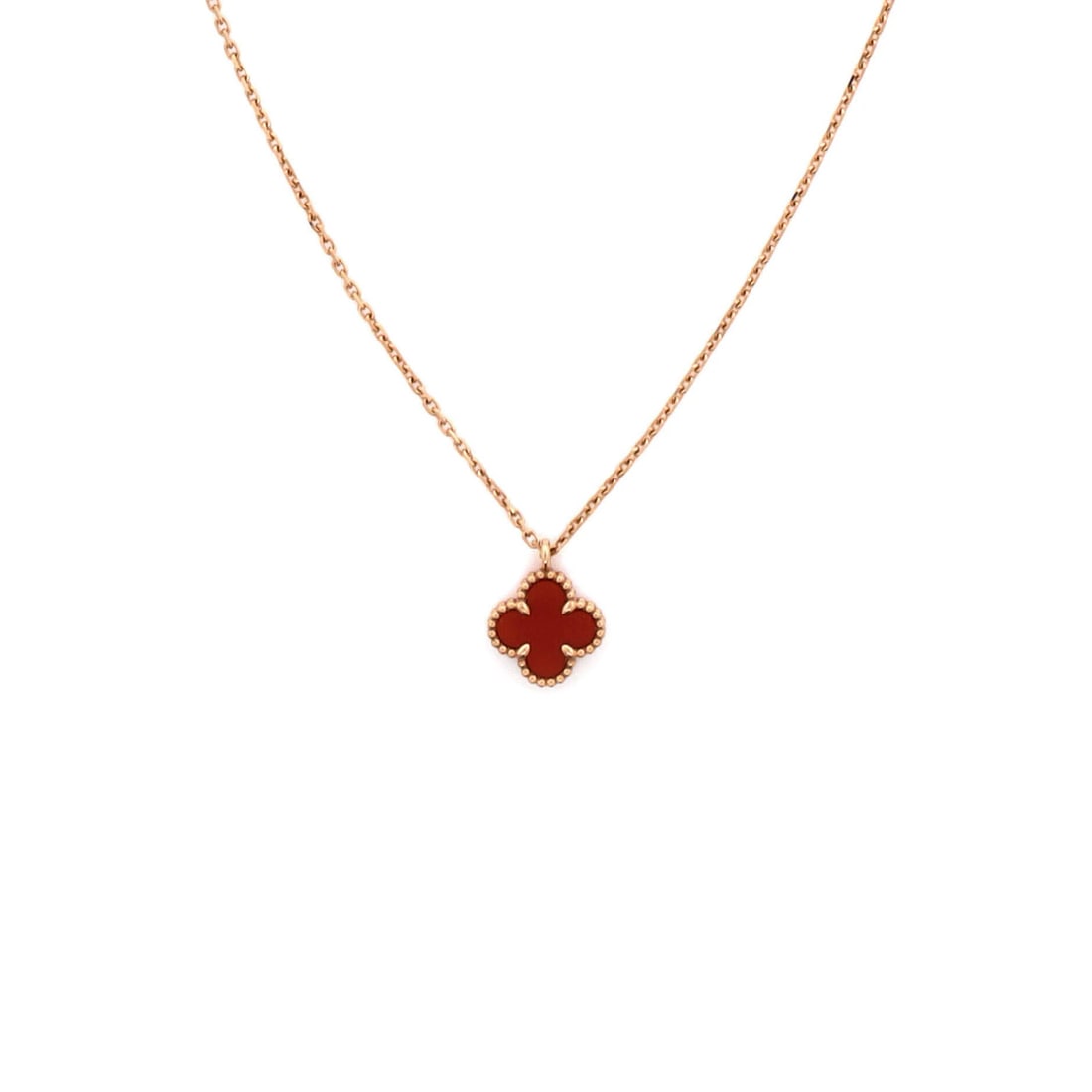 Carnelian Necklace Rose Gold Pendant Alhambra Sweet Van Cleef & Arpels: Carnelian Necklace Rose Gold Pendant Alhambra Sweet Van Cleef & Arpels 18K Rose Gold Sweet Alhambra Pendant Necklace features a stunning Carnelian stone, showcasing the elegance of Van Cleef &