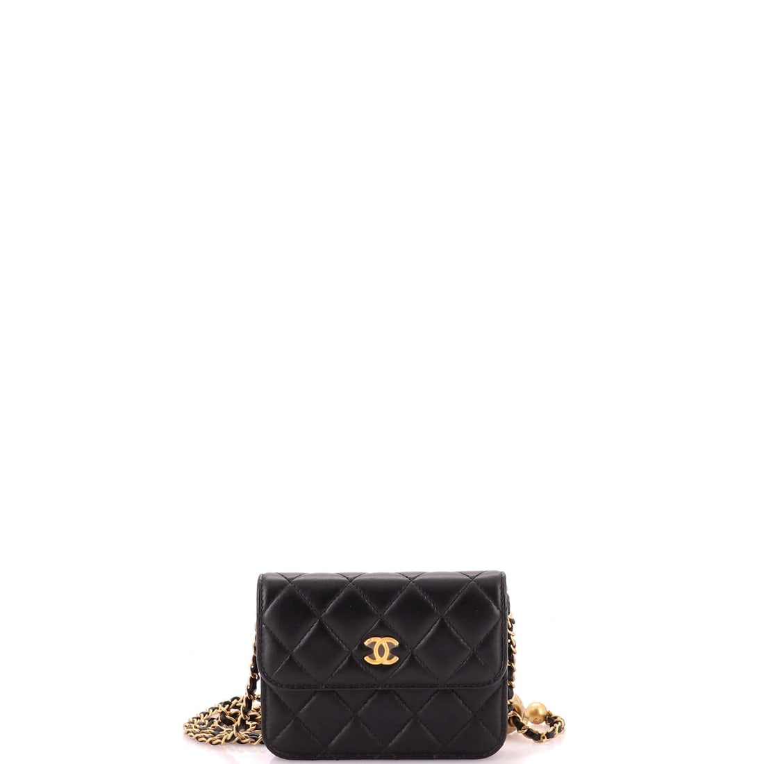 Pearl Crush Flap Clutch with Chain Quilted Lambskin: Pearl Crush Flap Clutch with Chain Quilted Lambskin The Pearl Crush Flap Clutch with Chain Quilted Lambskin is a sleek, mini cross body bag featuring a quilted lambskin exterior in black leather. A