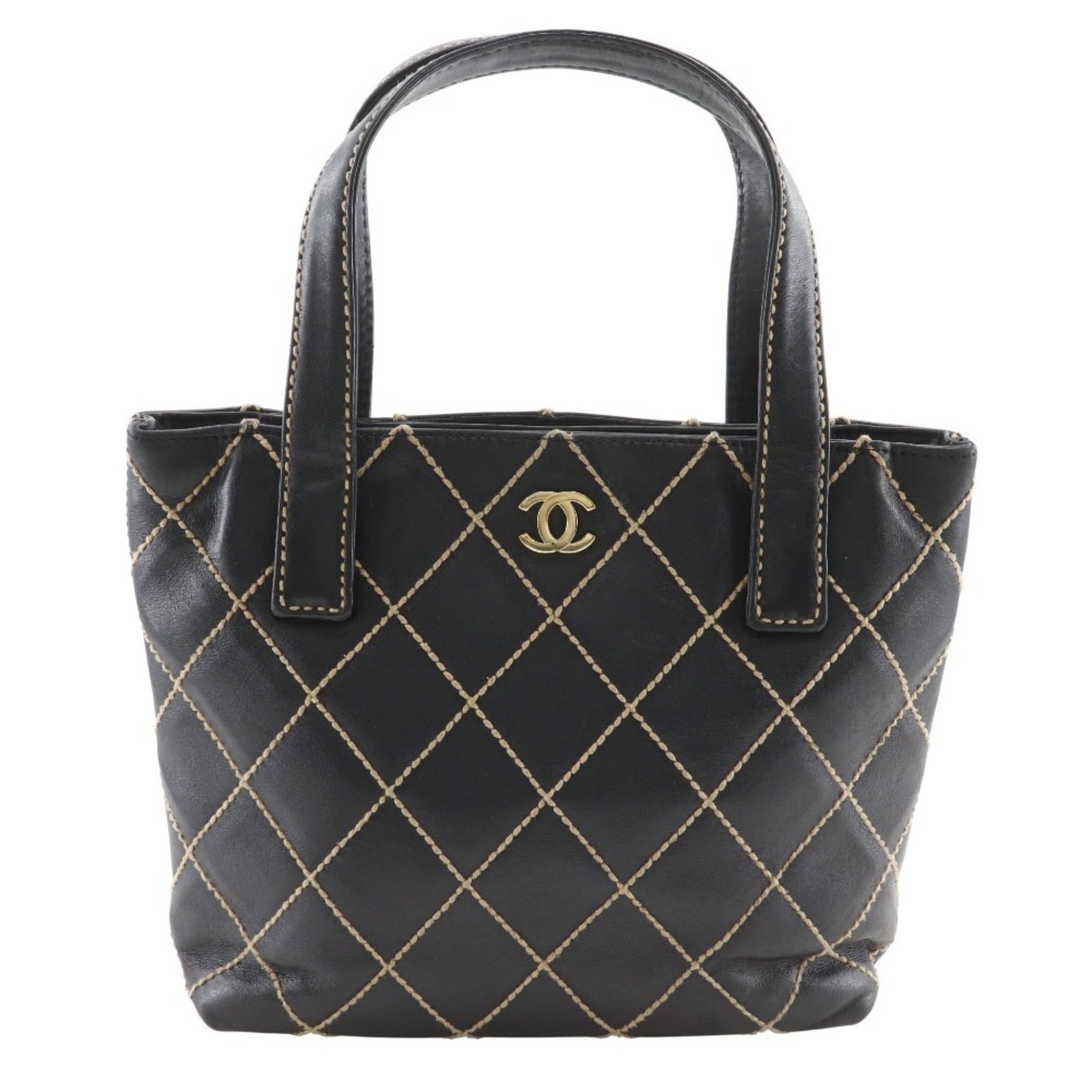 Handbag Leather from Chanel: Handbag Leather from Chanel Black Calfskin Leather Handbag from Chanel Features a Magnet Closure, Zipper Pocket, and Button Pocket, with a Signature on the Interior. Made from High-Quality Calfskin Le