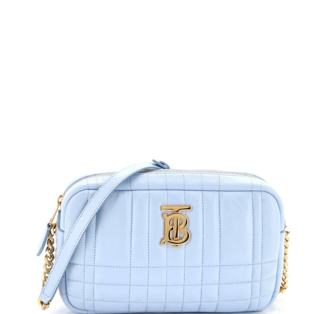 Leather Quilted Bag Camera Small Burberry: Leather Quilted Bag Camera Small Burberry Small quilted leather bag from Burberry's Camera Bag collection, featuring a classic blue exterior with gold hardware and a black interior. Minor corner