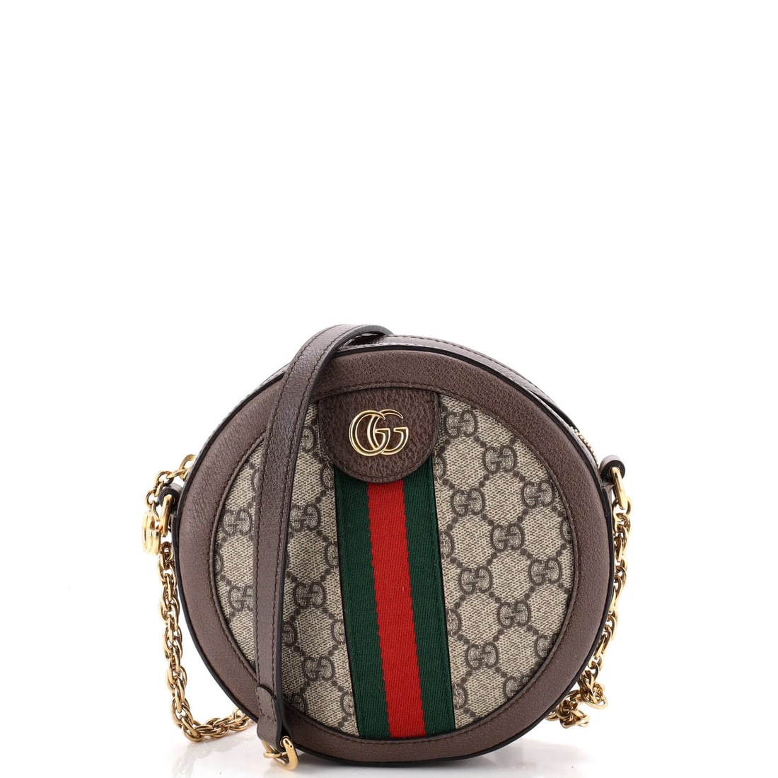 Round shoulder bag coated canvas mini GG Gucci: Round shoulder bag coated canvas mini GG Gucci Brown canvas coated mini cross body bag with gold hardware, featuring a round shoulder design and neutral microfiber interior. Minor creases and scuffs