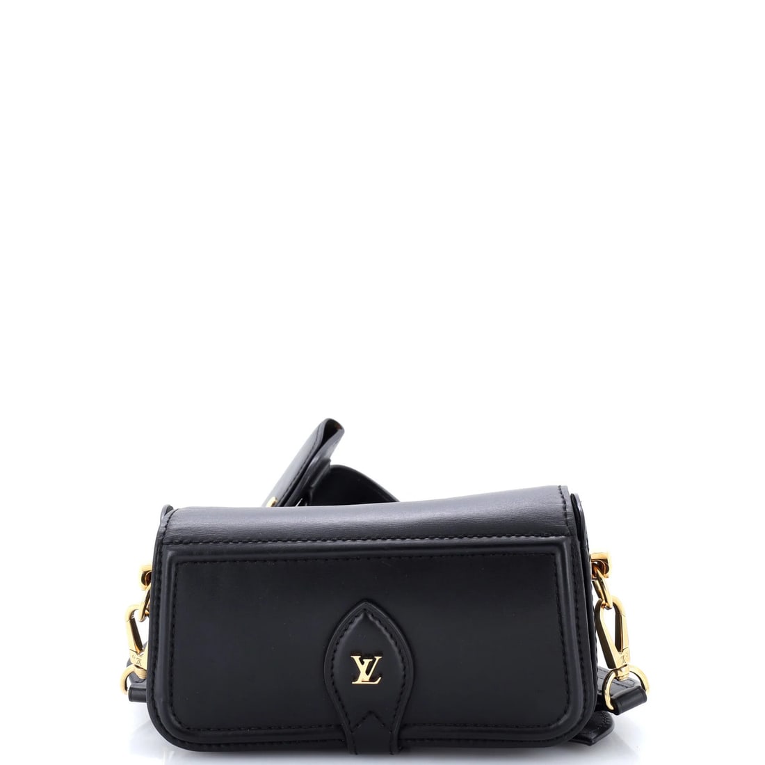 Louis Vuitton Officier Leather Pouch: Louis Vuitton Officier Leather Pouch Black leather Louis Vuitton Officier cross body pouch with gold hardware, featuring a touch-up on the front and minor scuffs and edge wear. The pouch measures 4"
