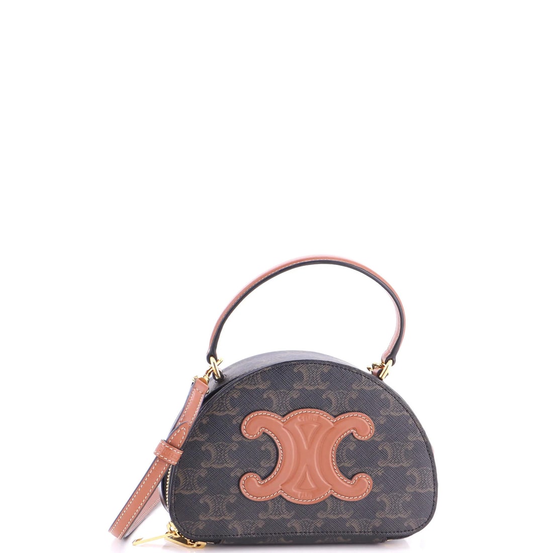 Coated canvas case with leather half moon Celine Triomphe: Coated canvas case with leather half moon Celine Triomphe Coated canvas case with a luxurious leather half moon Celine Triomphe design, featuring a rich brown exterior and gold hardware. The case