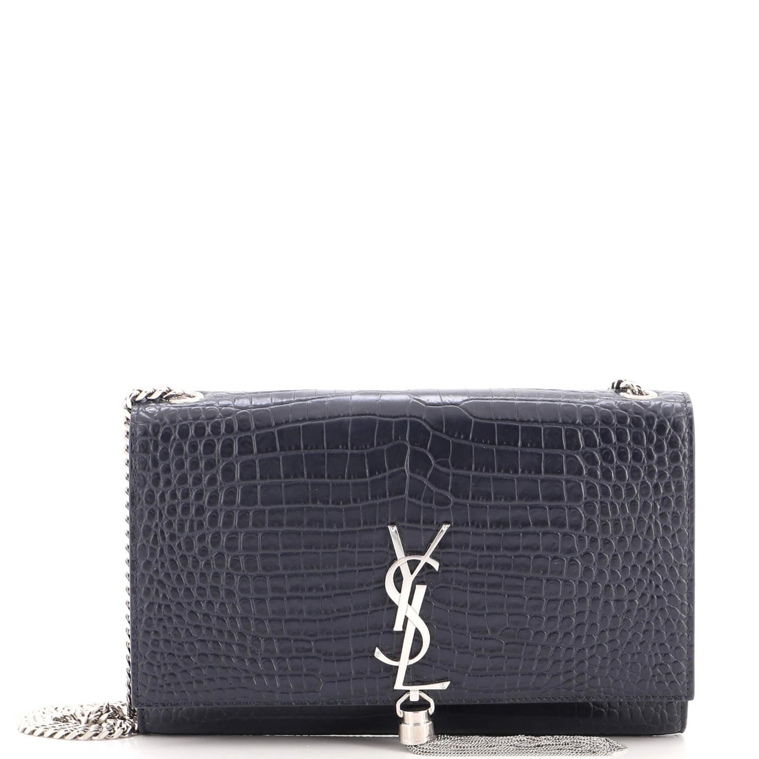 Crocodile Embossed Leather Saint Laurent Classic Tassel Bag Monogram Crossbody: Crocodile Embossed Leather Saint Laurent Classic Tassel Bag Monogram Crossbody Navy blue crocodile embossed leather adds a touch of sophistication to this Saint Laurent Classic Tassel Bag Monogram