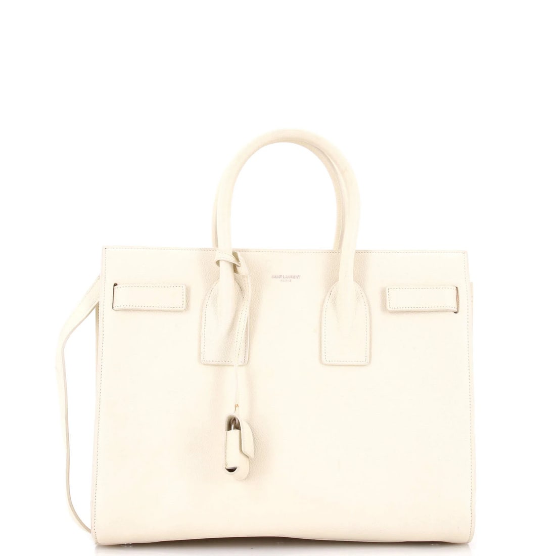Laurent Sac de Saint Bag Leather Small: Laurent Sac de Saint Bag Leather Small Small, neutral-colored leather tote bag with a clochette and silver hardware, measuring 5" drop handle, 11" height, 12" width, and 6" depth, featuring a