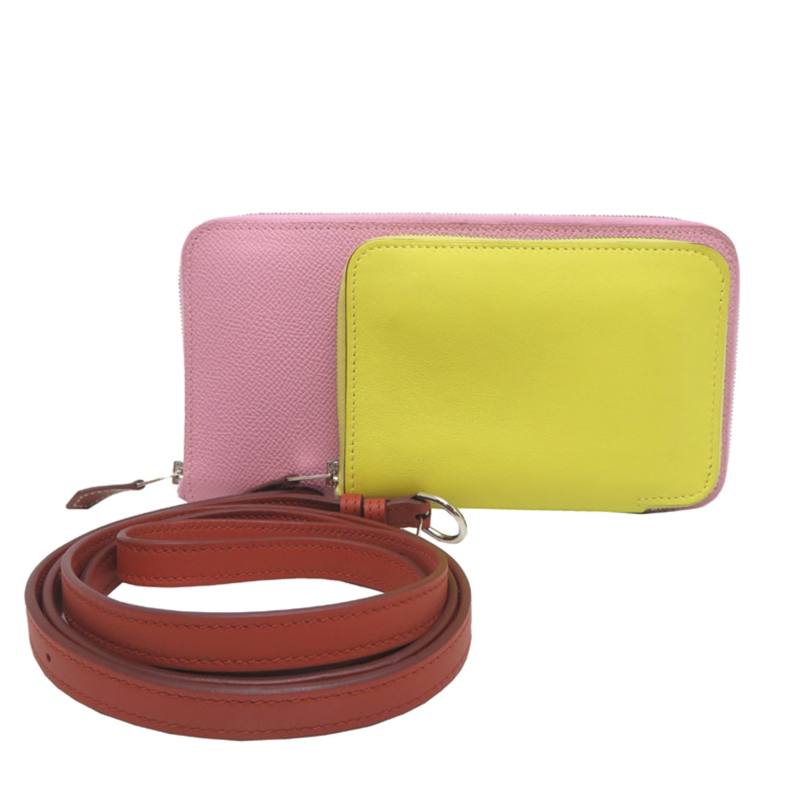 Swift Leather Epsom Leather Hermes Bag: Swift Leather Epsom Leather Hermes Bag Swift Leather Epsom Leather Hermes Bag is a vibrant shoulder bag featuring Swift leather and Epsom leather in Lime, Pink, and Yellow hues. The bag's compact