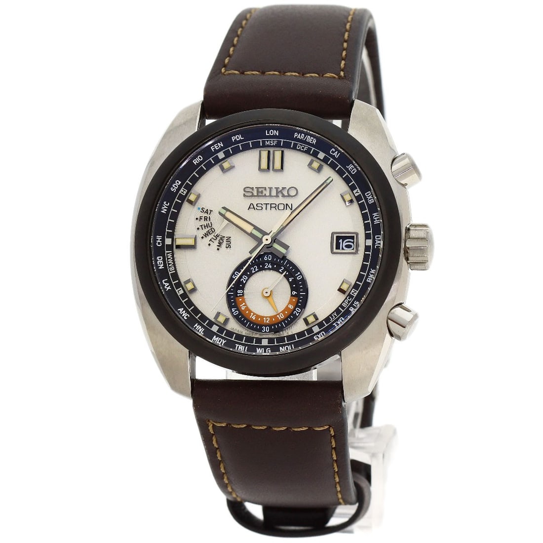 Seiko Astron World Time Watches Sbxy005 Titanium/ Leather: Seiko Astron World Time Watches Sbxy005 Titanium/ Leather Titanium and silver make up this sleek Seiko Astron World Time Watch, with a 41mm case size and 11.5mm thickness. Powered by solar energy, it 