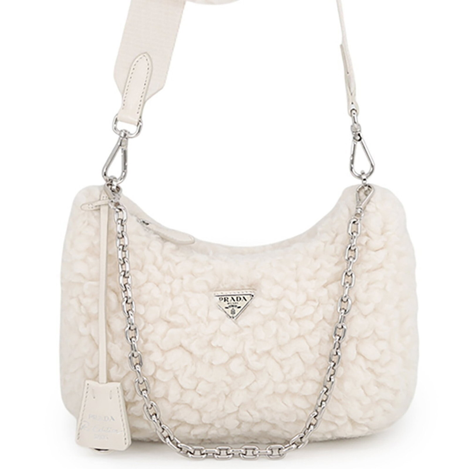 Shoulder Bag Wool Cashmere Prada: Shoulder Bag Wool Cashmere Prada White wool and cashmere shoulder bag from Prada, measuring 13cm x 23cm x 7cm. A stylish and luxurious accessory, this bag is crafted from high-quality materials. Its