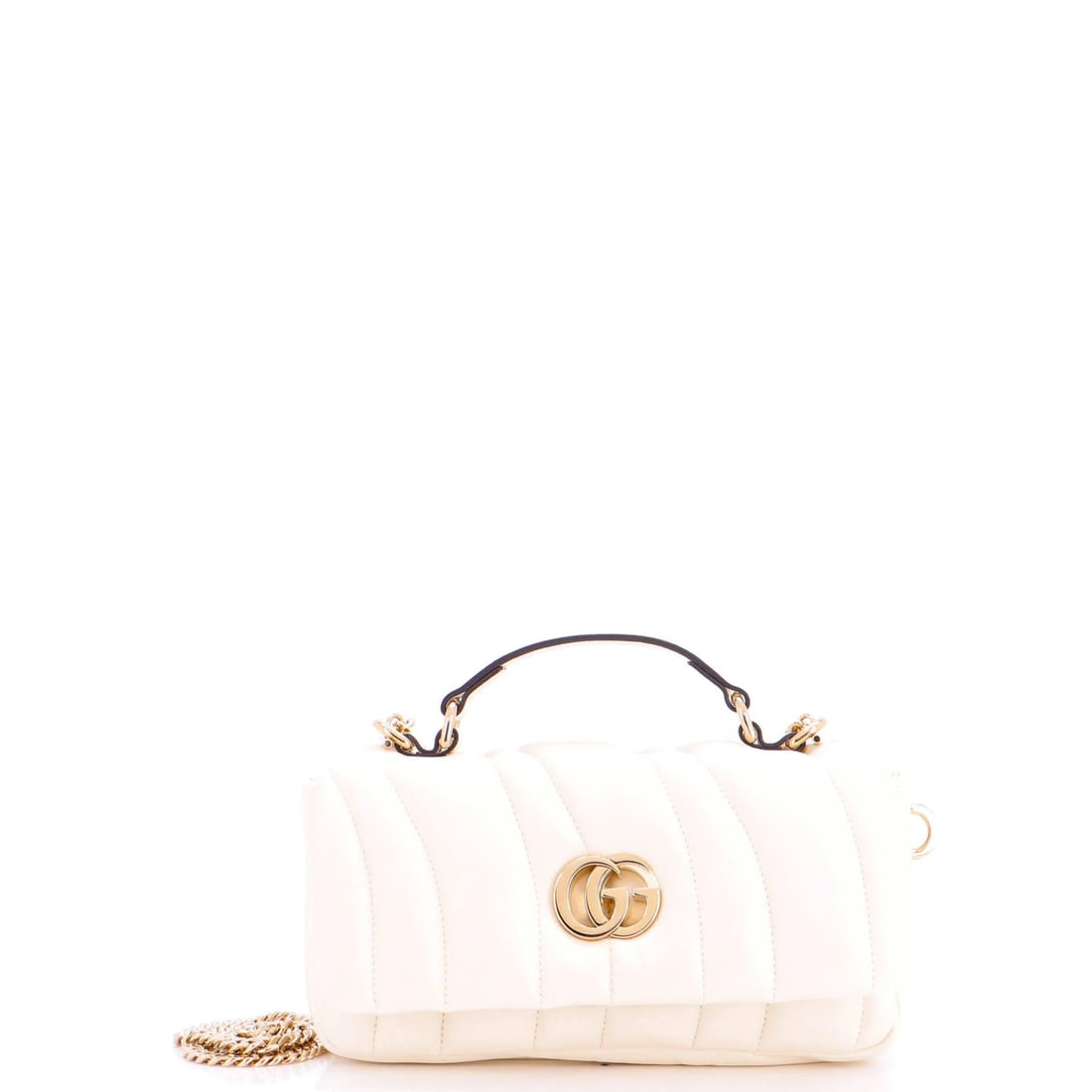 Gucci GG Milano Top Quilted Leather Mini Bag: Gucci GG Milano Top Quilted Leather Mini Bag White quilted leather GG Milano top handle mini bag from Gucci, featuring a classic design with minor edge wear, corner wear, and scuffs on the exterior.