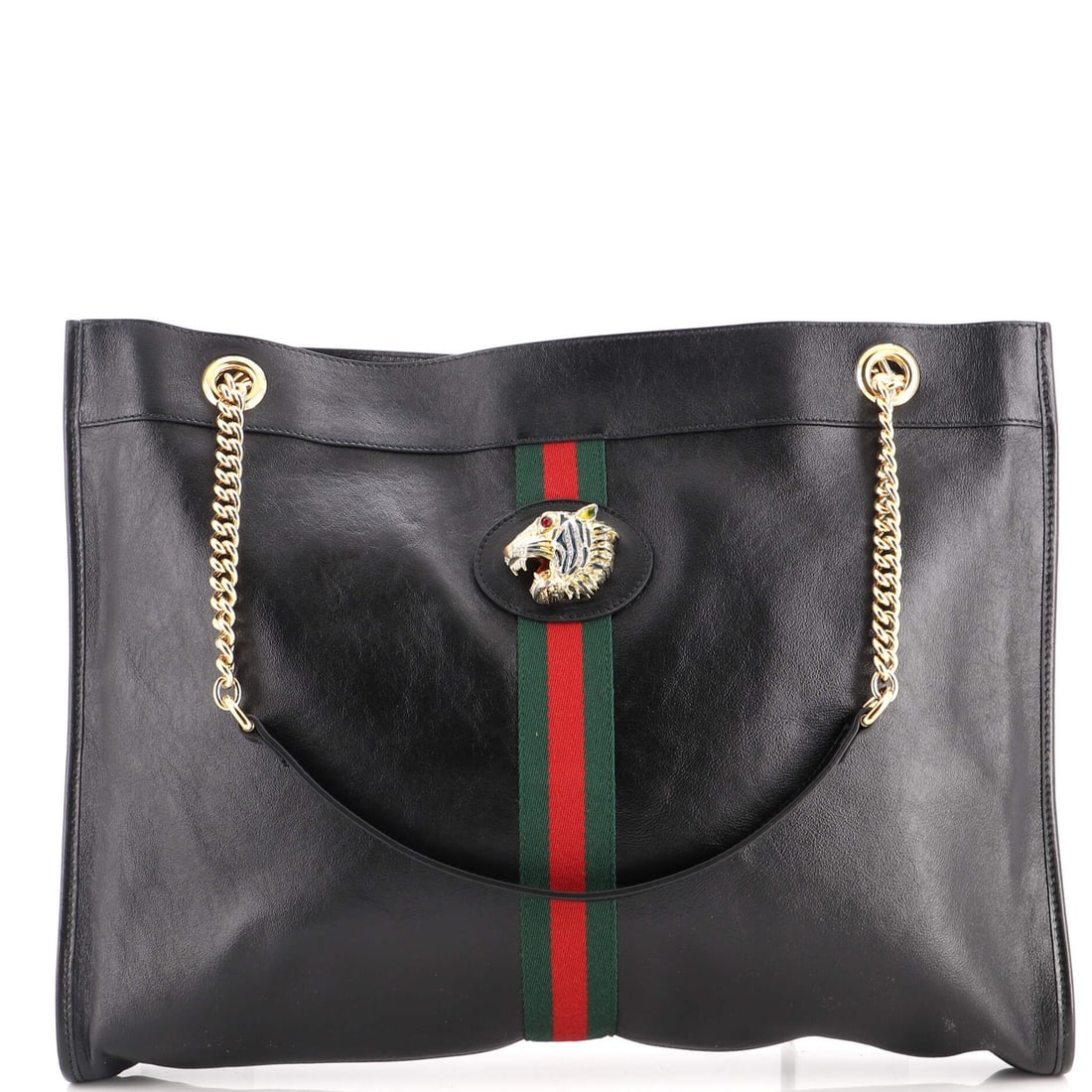Chain Tote Leather Large Gucci Rajah: Chain Tote Leather Large Gucci Rajah The Gucci Rajah Chain Tote Leather Large is a stylish and spacious tote bag made from high-quality leather, featuring a classic chain-link strap and a neutral