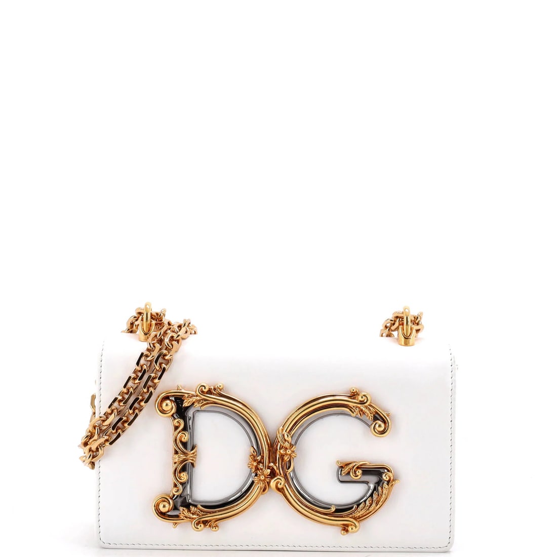 Dolce & Gabbana DG Girls Flap Bag Embellished Leather Mini: Dolce & Gabbana DG Girls Flap Bag Embellished Leather Mini White leather DG Girls Flap Bag Embellished Leather Mini by Dolce & Gabbana features a classic cross-body design with minor scuffs and edge