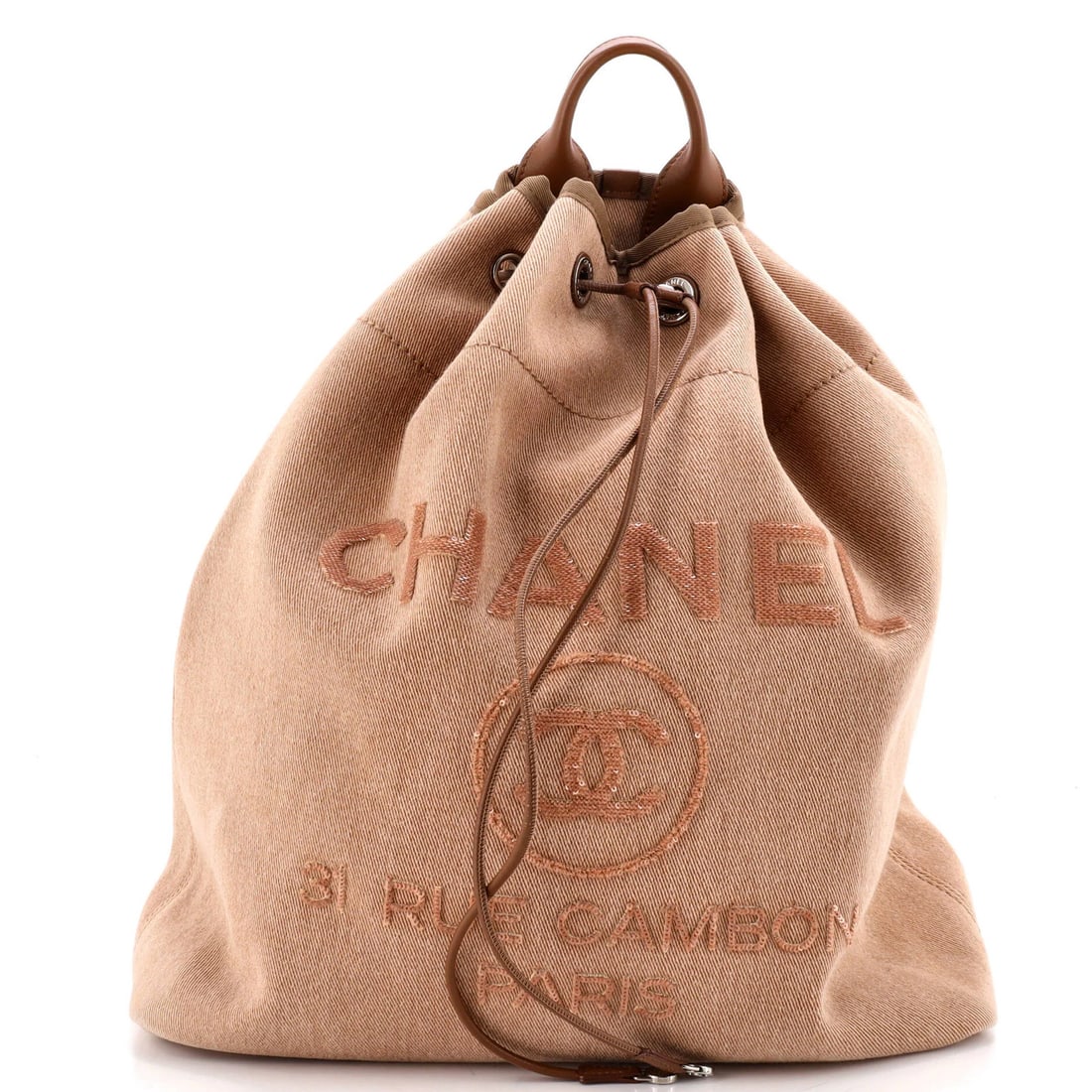 Canvas Sequins Large with Backpack Chanel Deauville: Canvas Sequins Large with Backpack Chanel Deauville Canvas Sequins Large with Backpack Chanel Deauville features a unique combination of canvas and sequins in a classic brown color. This spacious back