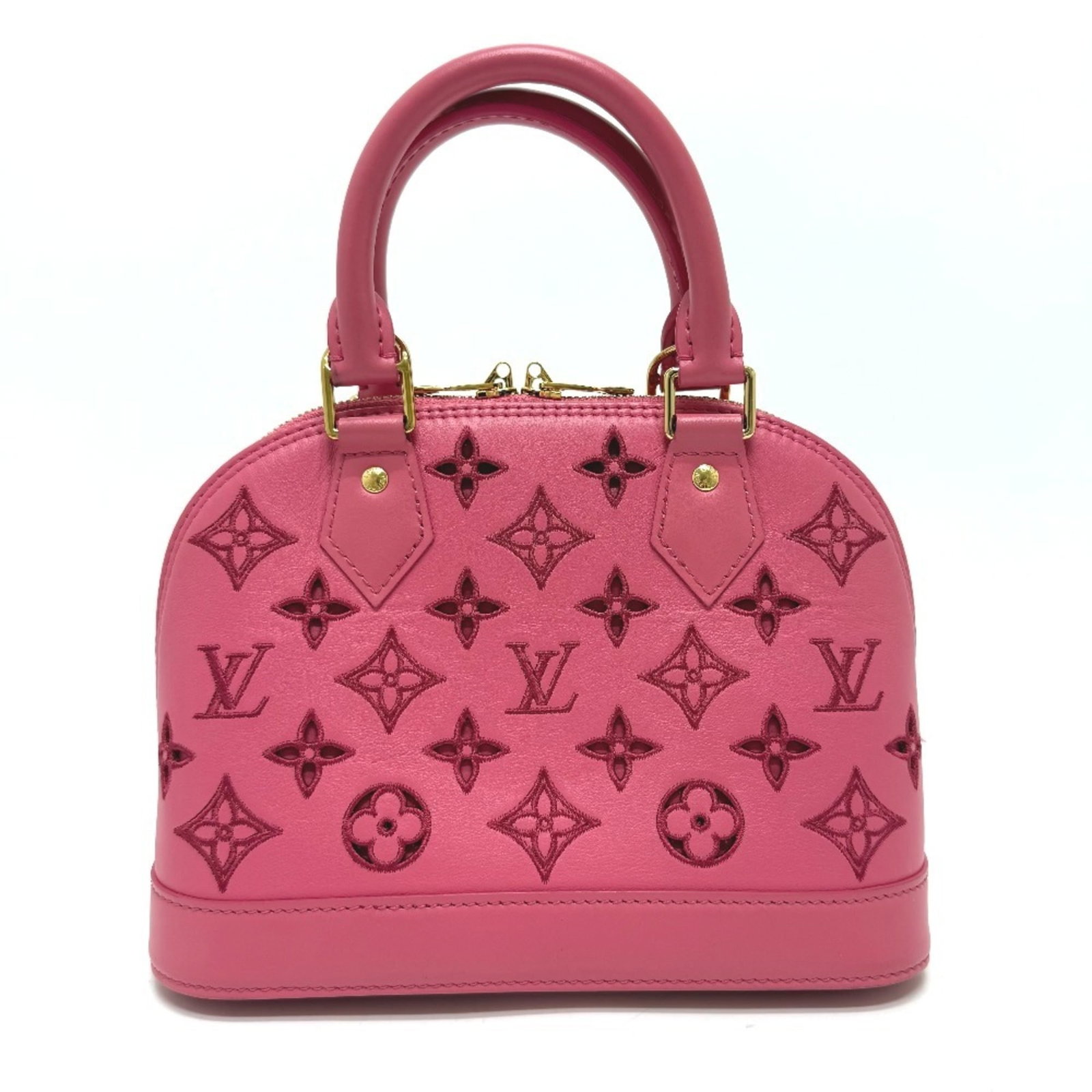 Handbag Leather Louis Vuitton: Handbag Leather Louis Vuitton Pink Leather Louis Vuitton Handbag with Clochette, Dust Bag, Key, and Padlock. This women's handbag features a signature pink leather exterior, measuring 17cm x 24cm x