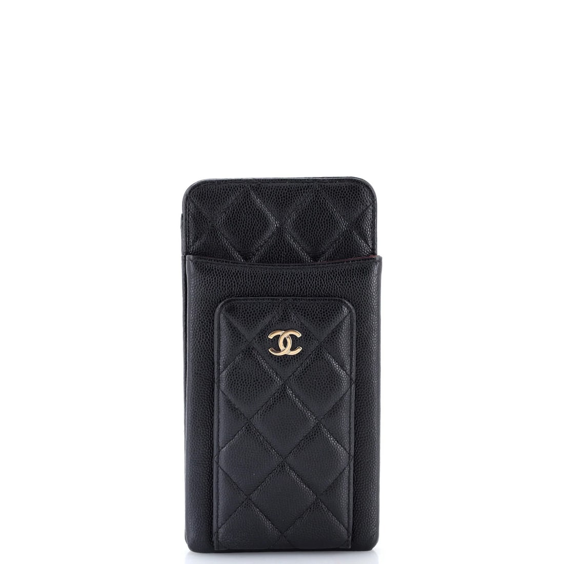 Quilted Crossbody Bag Phone Holder Chanel Caviar: Quilted Crossbody Bag Phone Holder Chanel Caviar Black Quilted Caviar Crossbody Bag with Leather Exterior and Burgundy Interior, featuring a phone holder and gold tone hardware, measures 7" high, 3.5"