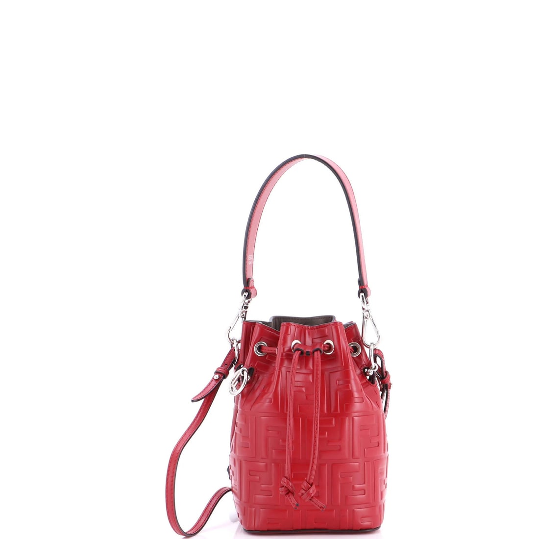 Mon Tresor Bucket Bag Zucca Embossed Leather Mini Fendi: Mon Tresor Bucket Bag Zucca Embossed Leather Mini Fendi Red Mon Tresor Bucket Bag Zucca Embossed Leather Mini Fendi features a striking red exterior with Zucca embossing, crafted from high-quality