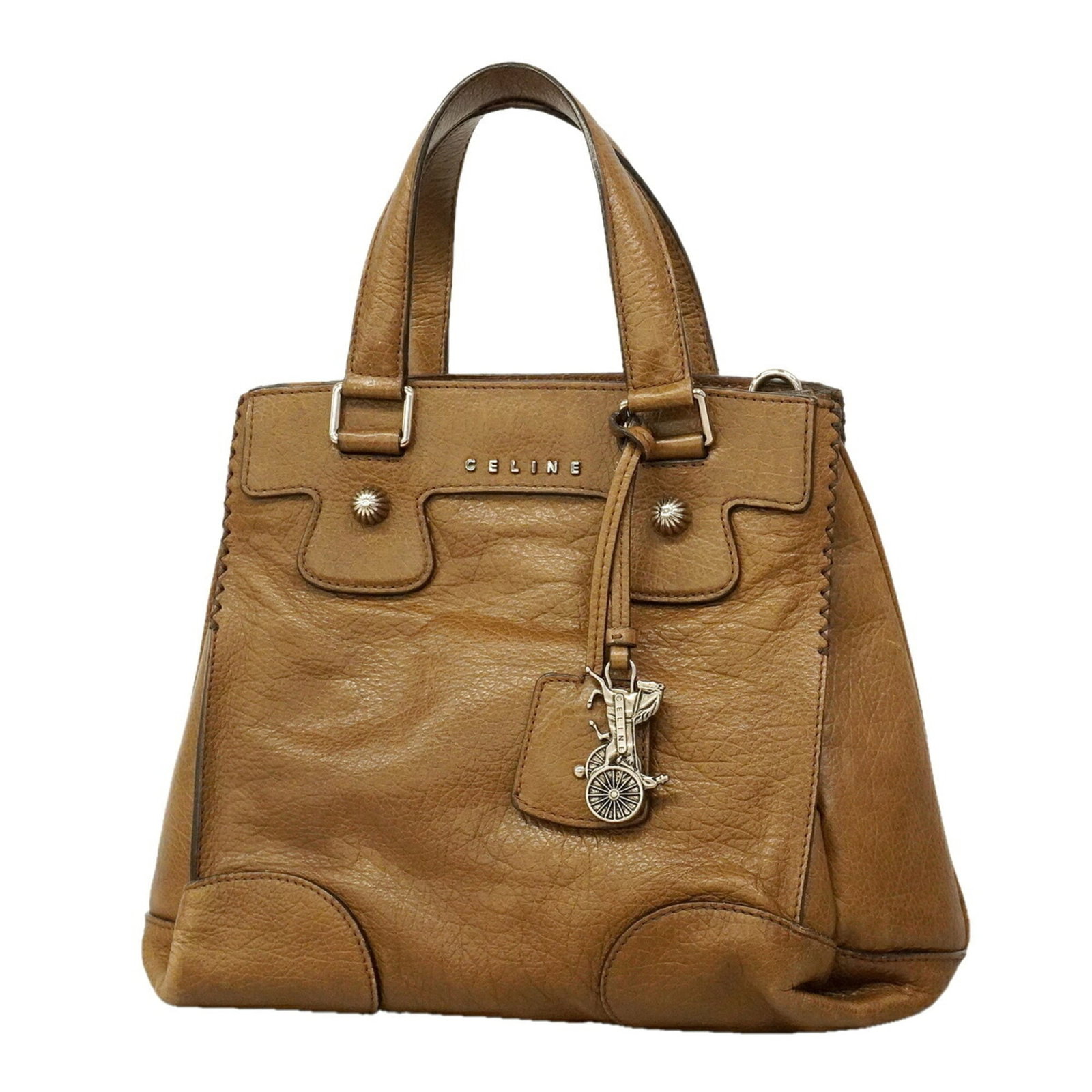 Celine Handbag Leather: Celine Handbag Leather The Celine Handbag Leather is a high-quality, brown leather handbag with silver hardware, measuring 27cm x 33cm x 16cm. Its classic design and timeless style make it a