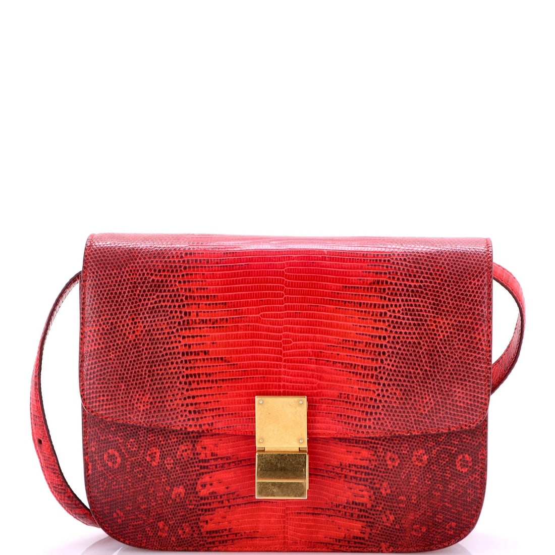 Classic Box Bag Celine Lizard Medium: Classic Box Bag Celine Lizard Medium The Celine Classic Box Bag Lizard Medium is a striking, all-red shoulder bag with a unique lizard exterior. Measuring 7.5" in height and 9.5" in width, this
