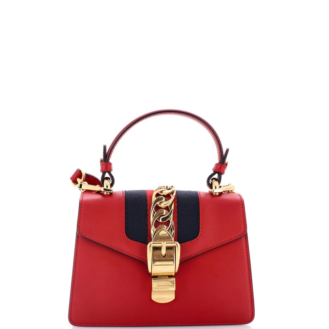 Gucci Sylvie Leather Mini Handle Top Bag: Gucci Sylvie Leather Mini Handle Top Bag The Gucci Sylvie Leather Mini Handle Top Bag is a stylish and compact accessory, featuring a bold red exterior and gold hardware. With its 3.5" handle drop and