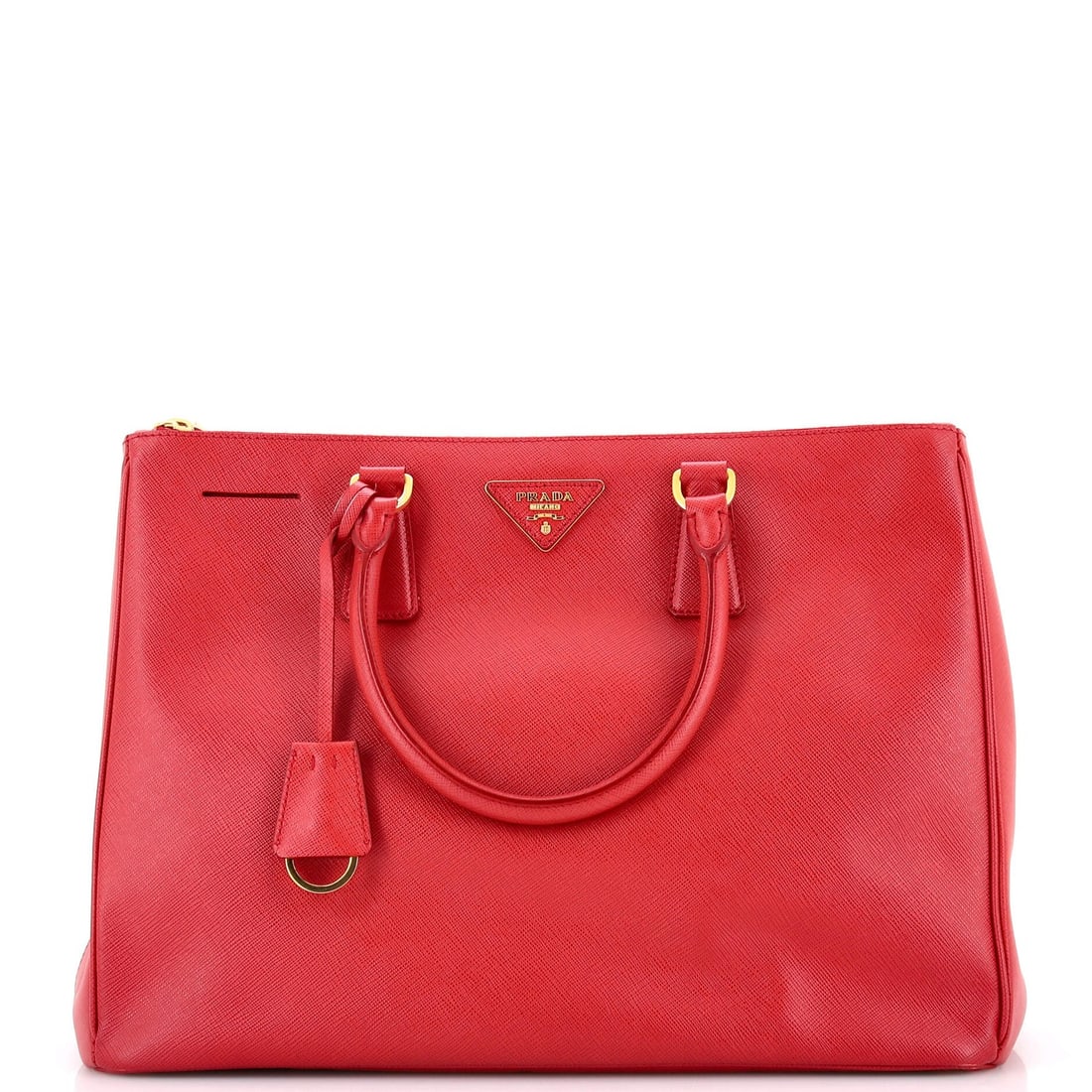 Saffiano Leather Double Tote Lux Prada Large: Saffiano Leather Double Tote Lux Prada Large Saffiano Leather Double Tote Lux Prada Large in Red, featuring a classic design with a double zip closure and gold hardware, measures 10.5" high, 14" wide,