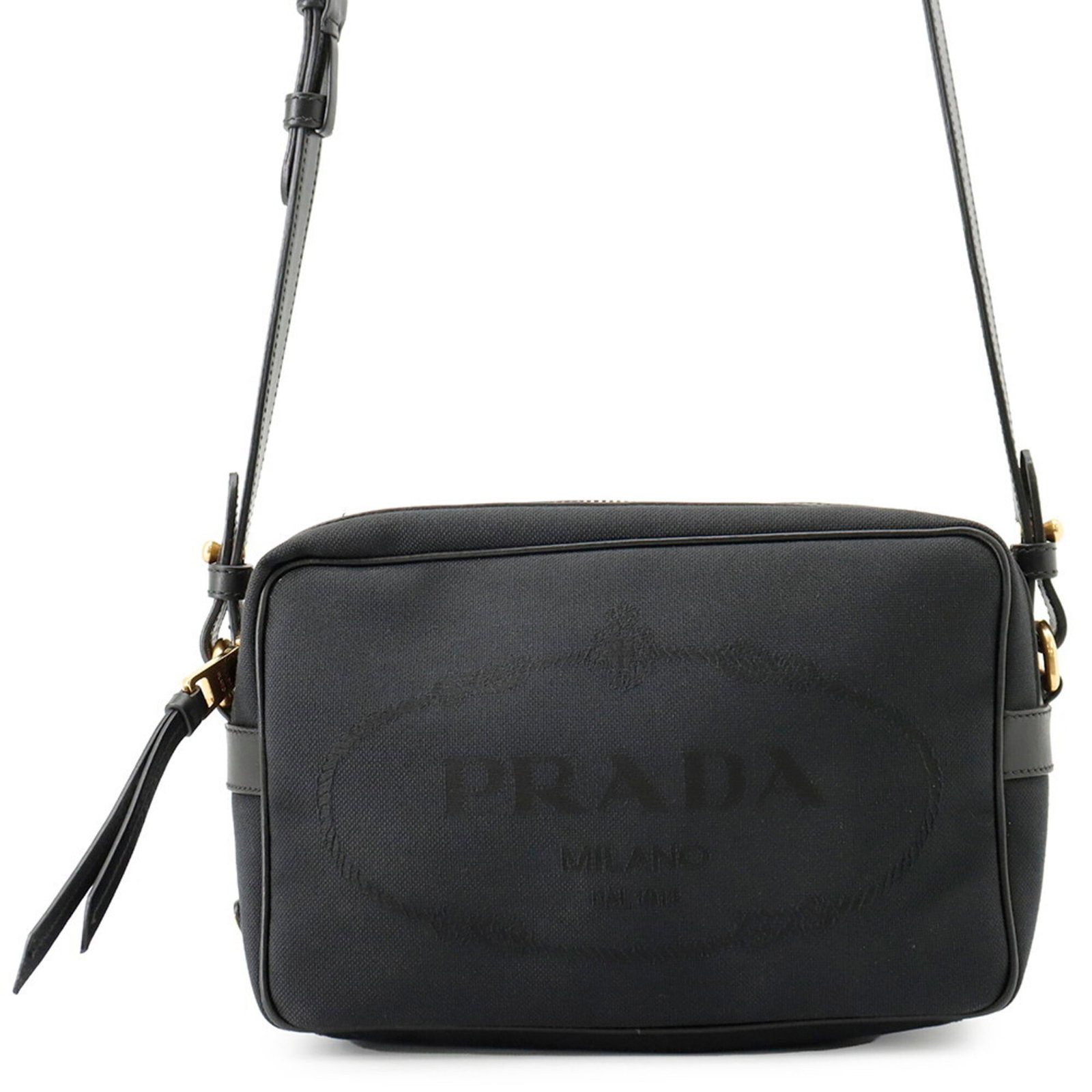 Canvas Leather Shoulder Bag Handbag Prada: Canvas Leather Shoulder Bag Handbag Prada Canvas and Leather Shoulder Bag from Prada, featuring a classic design with a black canvas exterior and gold hardware, measuring 16cm x 22cm x 8.5cm. This
