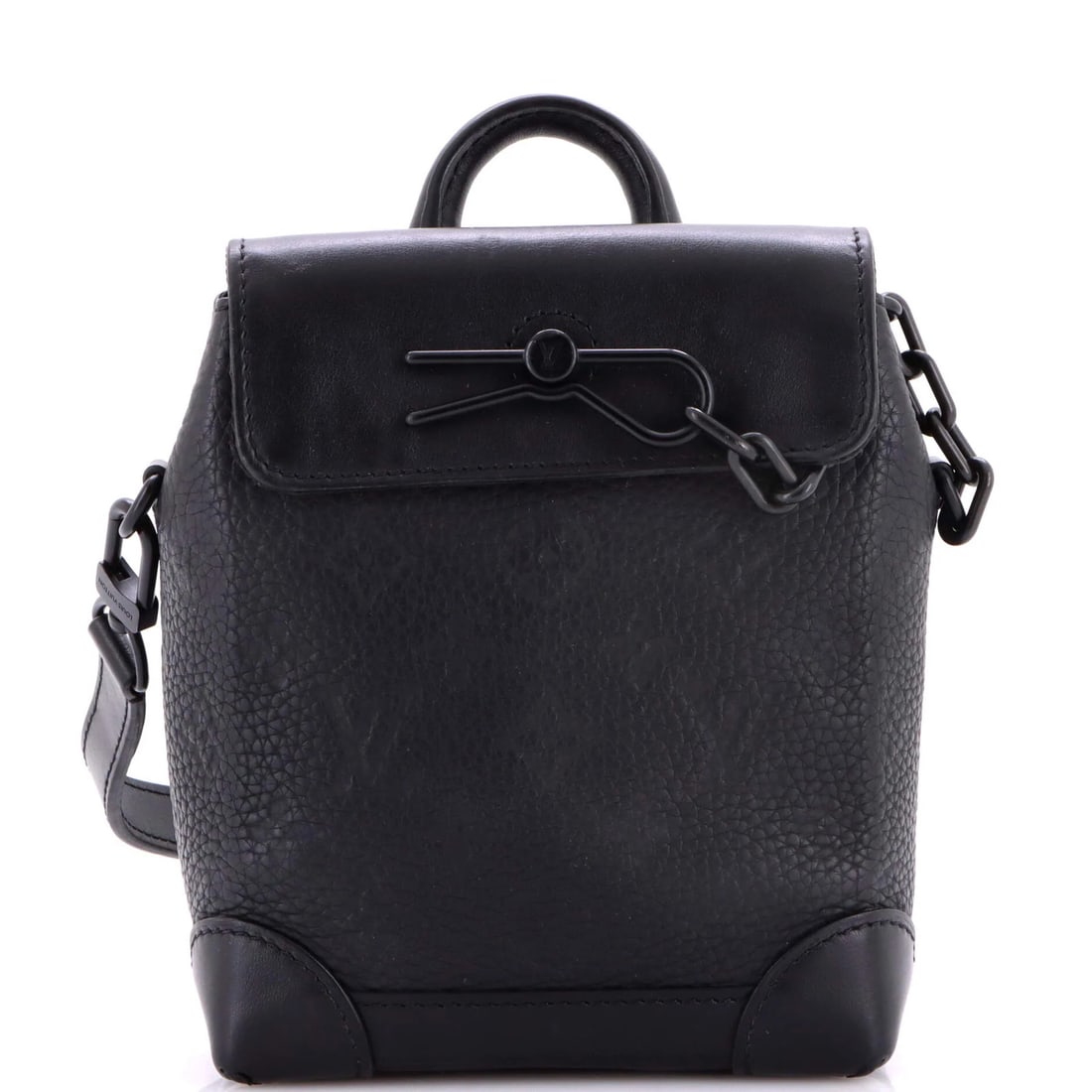 Vuitton Steamer Bag Nano Monogram Taurillon Leather Louis: Vuitton Steamer Bag Nano Monogram Taurillon Leather Louis Black Nano Monogram Taurillon Leather Louis Vuitton Steamer Bag with Strap, featuring a classic design and signature monogram pattern,