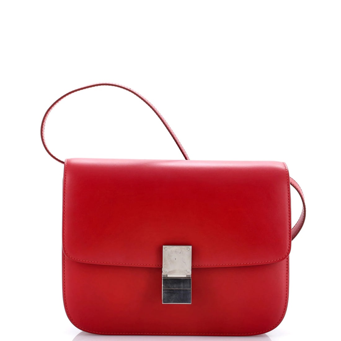 Smooth Leather Bag Box Classic Medium Celine: Smooth Leather Bag Box Classic Medium Celine Smooth, red leather wraps around the Classic Box Bag, a timeless design from Celine. With a medium size and adjustable strap, this cross body bag is a