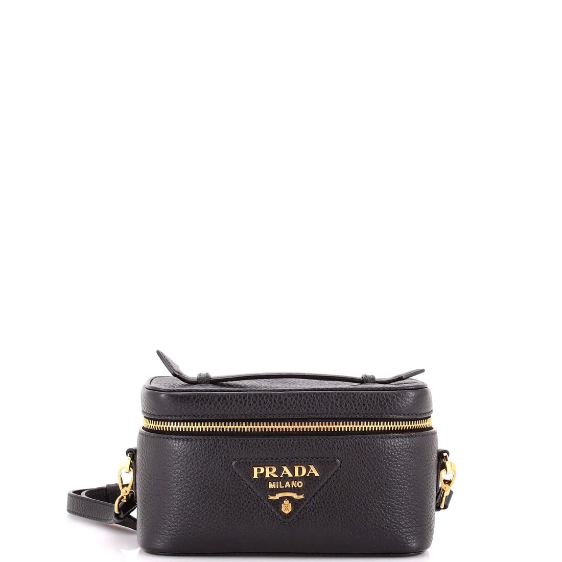 Prada Convertible Top Handle Vanity Shoulder Bag Vitello Daino Mini: Prada Convertible Top Handle Vanity Shoulder Bag Vitello Daino Mini Black Vitello Daino Mini Convertible Top Handle Vanity Shoulder Bag by Prada, featuring a sleek and versatile design with a