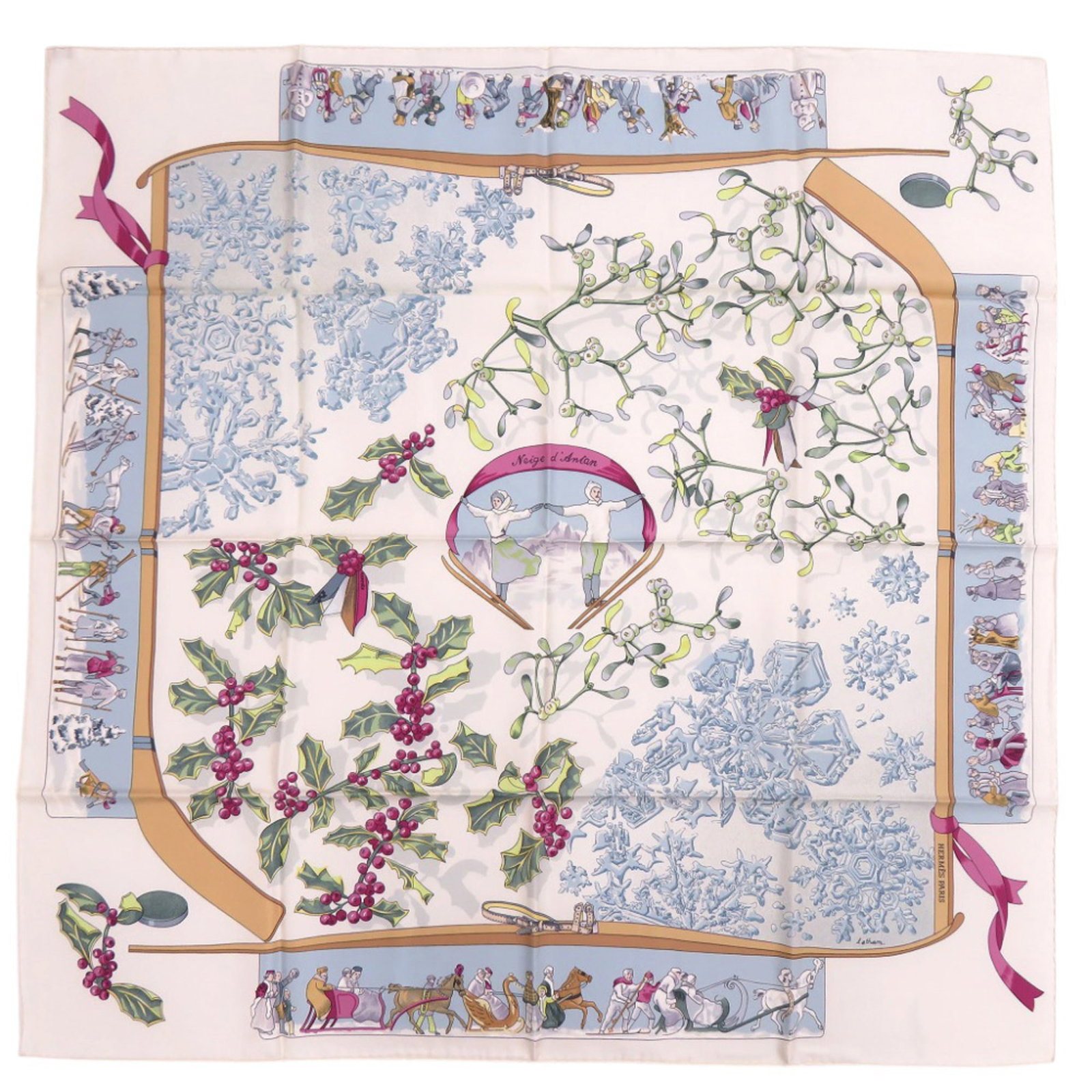 Silk Hermes Scarf: Silk Hermes Scarf Silk from France, this 88cm x 88cm scarf is made from high-quality silk, available in green, light blue, or white. The iconic design of the scarf is a hallmark of the Hermes brand, k