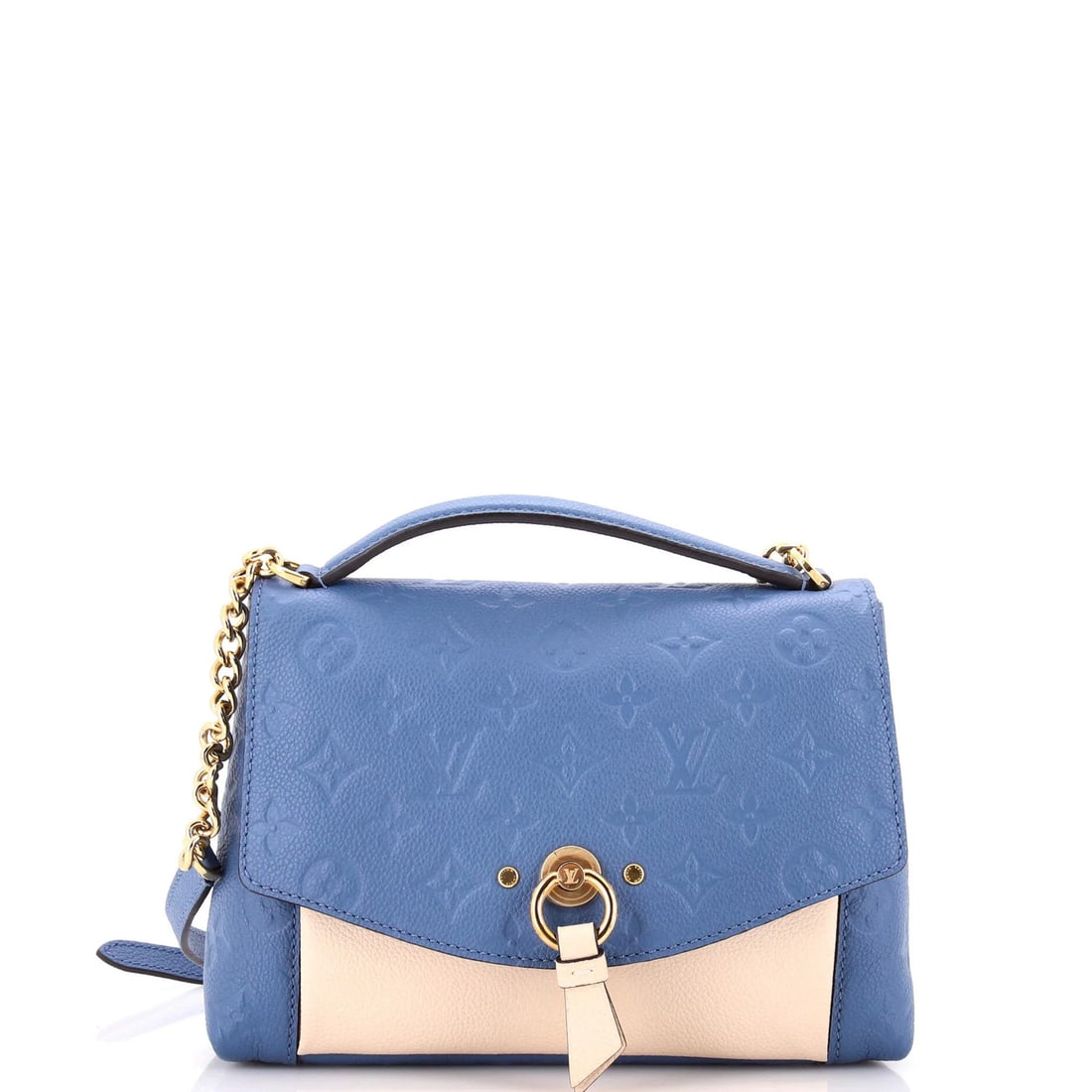 Vuitton Louis Monogram Leather Handbag Empreinte Blanche: Vuitton Louis Monogram Leather Handbag Empreinte Blanche The Louis Vuitton Louis Monogram Leather Handbag Empreinte Blanche boasts a striking blue exterior with the iconic Monogram Empreinte pattern,