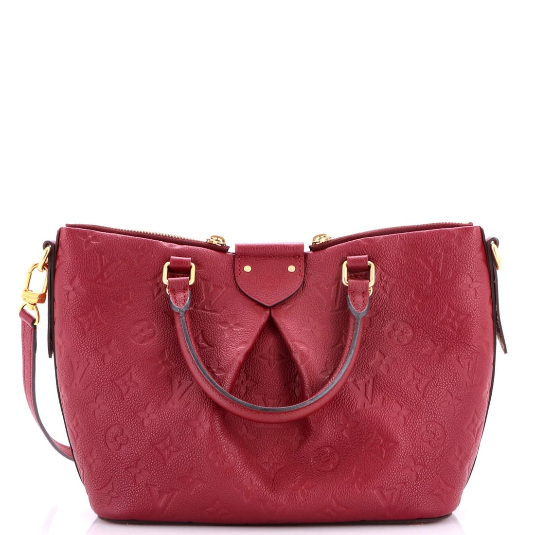 Mazarine Handbag Leather Empreinte Monogram Louis Vuitton: Mazarine Handbag Leather Empreinte Monogram Louis Vuitton Red Louis Vuitton Mazarine Handbag Leather Empreinte Monogram PM Satchel with Gold Hardware, featuring minor scuffs, creases, and corner wear