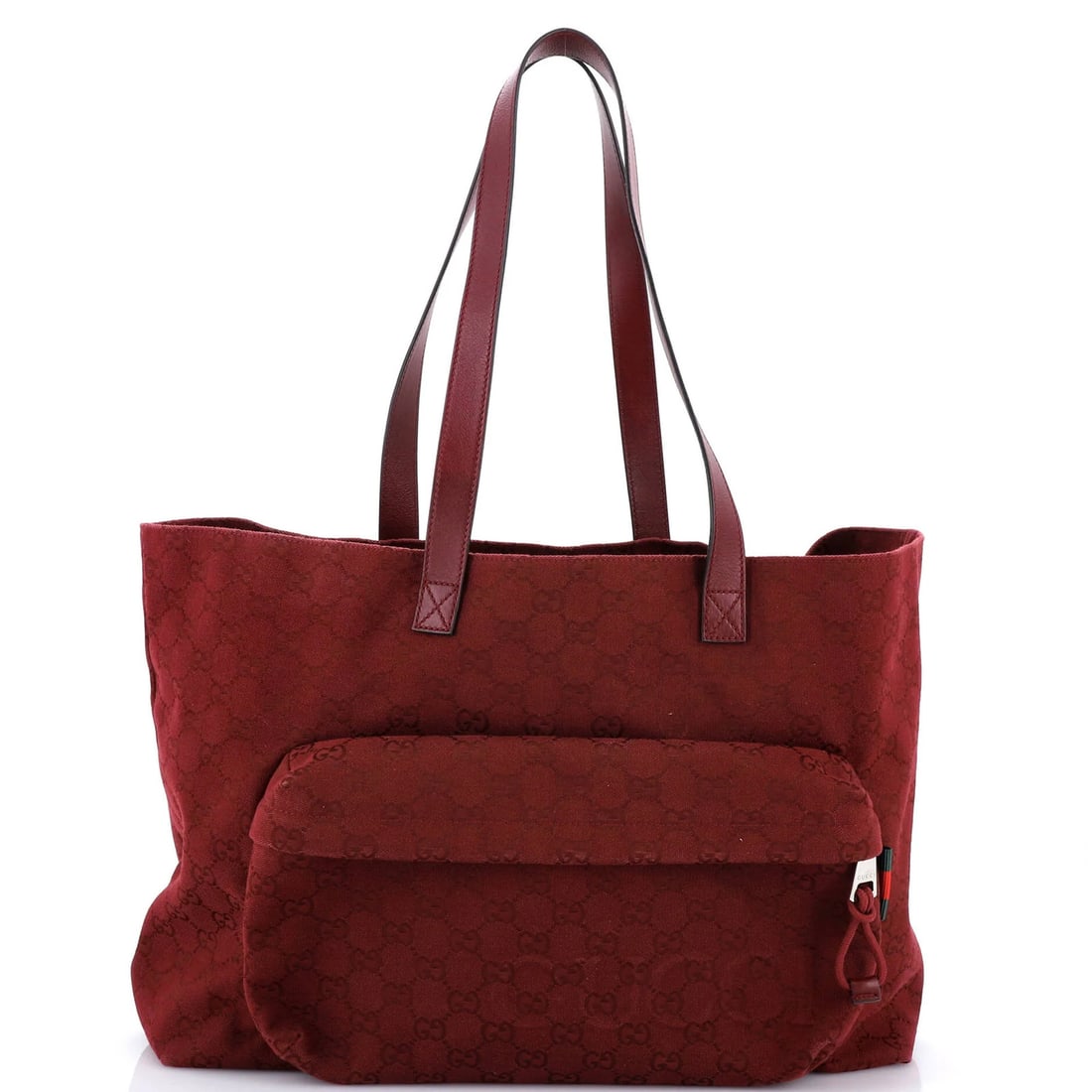 Gucci Large Canvas Tote Front Debossed Logo GG Pocket: Gucci Large Canvas Tote Front Debossed Logo GG Pocket Red Gucci Large Canvas Tote with Front Debossed Logo GG Pocket, featuring a classic design with a bold front logo and spacious interior,