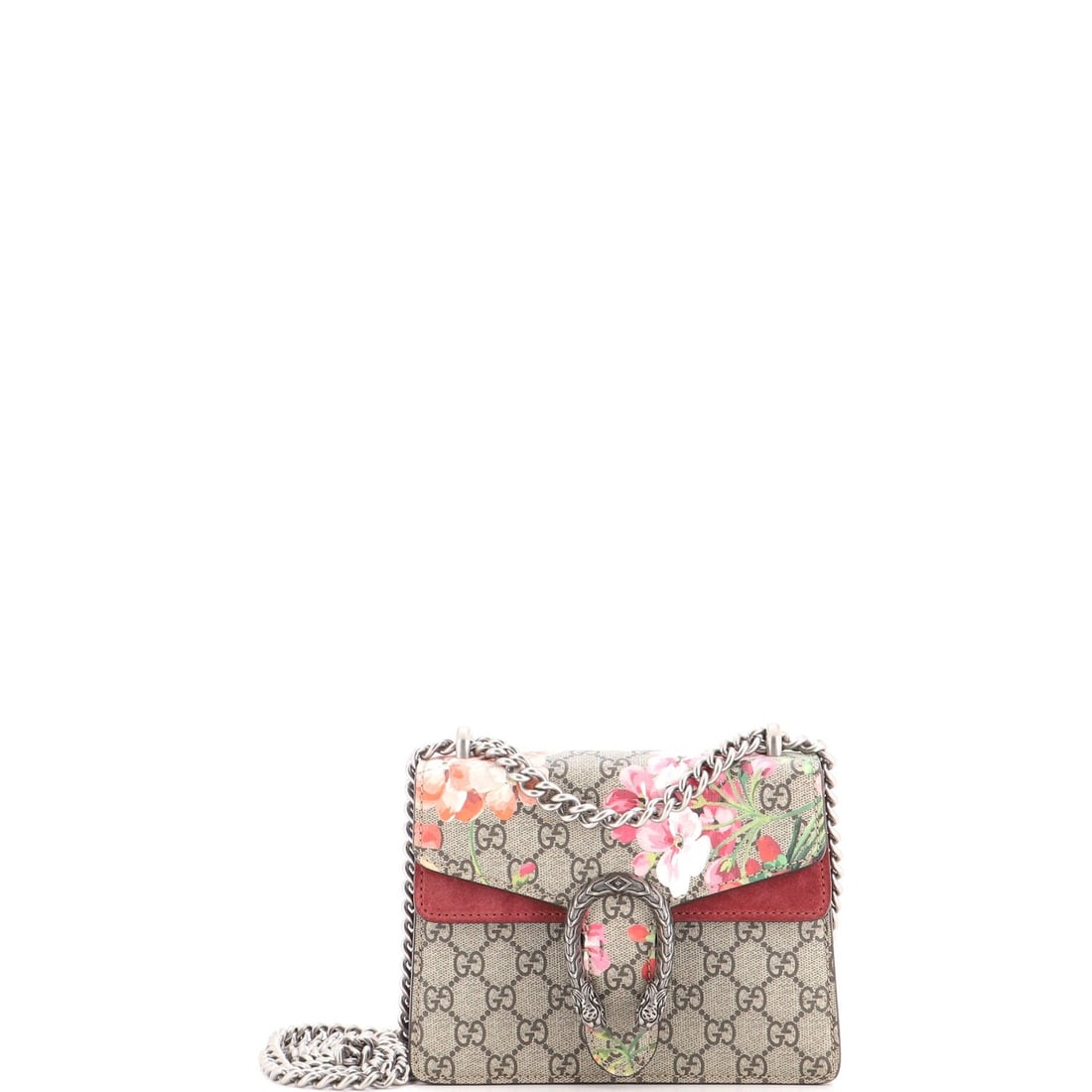 Dionysus Bag Blooms Gucci Coated Canvas Mini Print GG: Dionysus Bag Blooms Gucci Coated Canvas Mini Print GG The Gucci Coated Canvas Mini Print GG Dionysus Bag Blooms is a stylish and compact shoulder bag, measuring 6" in height and 7.5" in width, with a