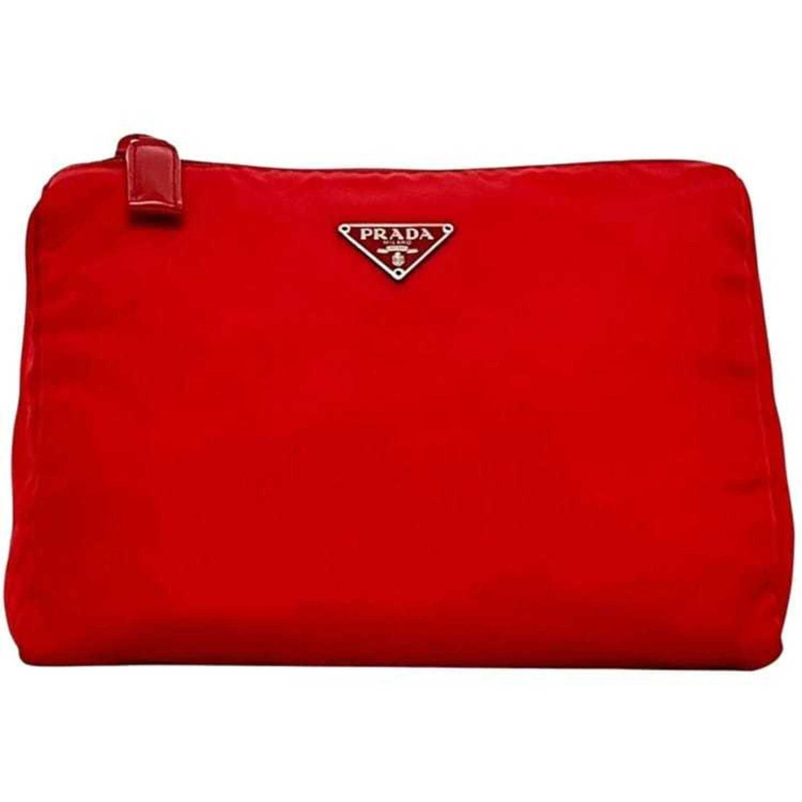 Nylon Prada Pouch: Nylon Prada Pouch Nylon Prada Pouch in Red. Made from high-quality nylon, this 13cm x 19cm x 7cm pouch features a bold red color and a sleek design. Perfectly sized for everyday use, this pouch is mad
