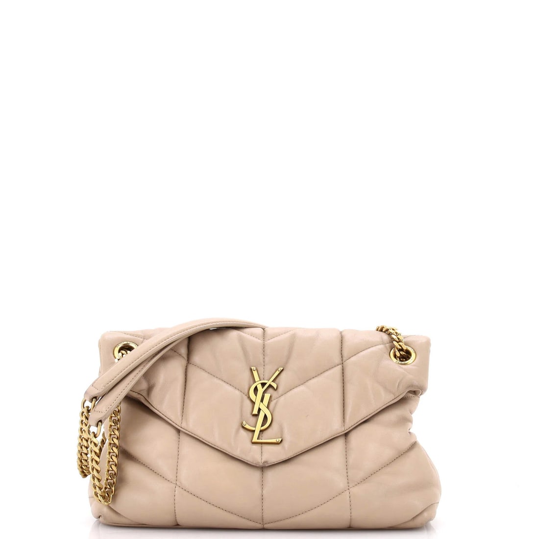 Loulou puffer quilted leather bag shoulder Saint Laurent small: Loulou puffer quilted leather bag shoulder Saint Laurent small Small Saint Laurent Loulou Puffer Shoulder Bag in Neutral Leather. This quilted leather cross body bag features a neutral exterior with