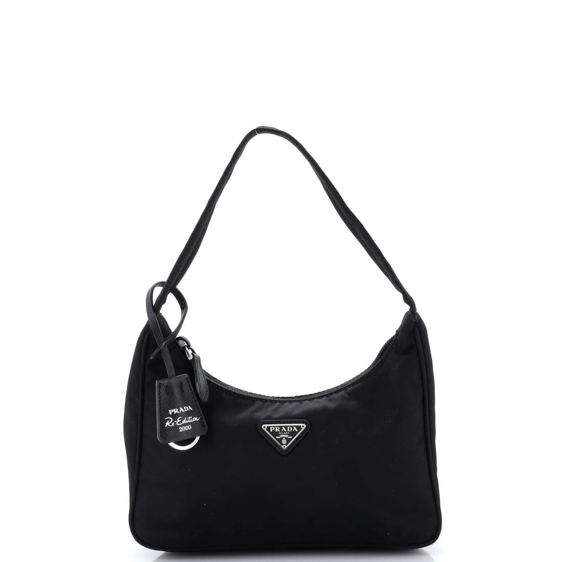 Prada Re-Edition 2000 Hobo Tessuto Mini: Prada Re-Edition 2000 Hobo Tessuto Mini The Prada Re-Edition 2000 Hobo Tessuto Mini is a stylish and compact handbag, featuring a black nylon exterior with a silver hardware finish. This mini hobo