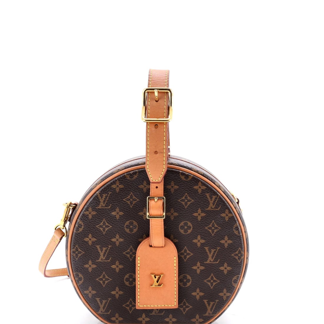 Boite Chapeau Bag Monogram Canvas Louis Vuitton: Boite Chapeau Bag Monogram Canvas Louis Vuitton Brown canvas coated Louis Vuitton Petite Boite Chapeau Bag features a minor scuff on the exterior and edge wear, with a gold-toned hardware and a