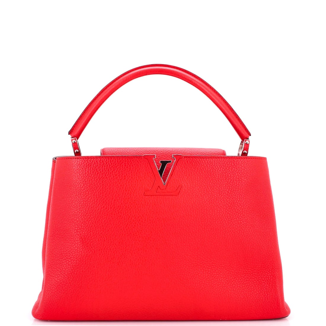 Louis Vuitton Capucines Bag Leather GM: Louis Vuitton Capucines Bag Leather GM Red Louis Vuitton Capucines Bag Leather GM in excellent condition, featuring a classic satchel design with a signature red exterior and gray interior. The bag