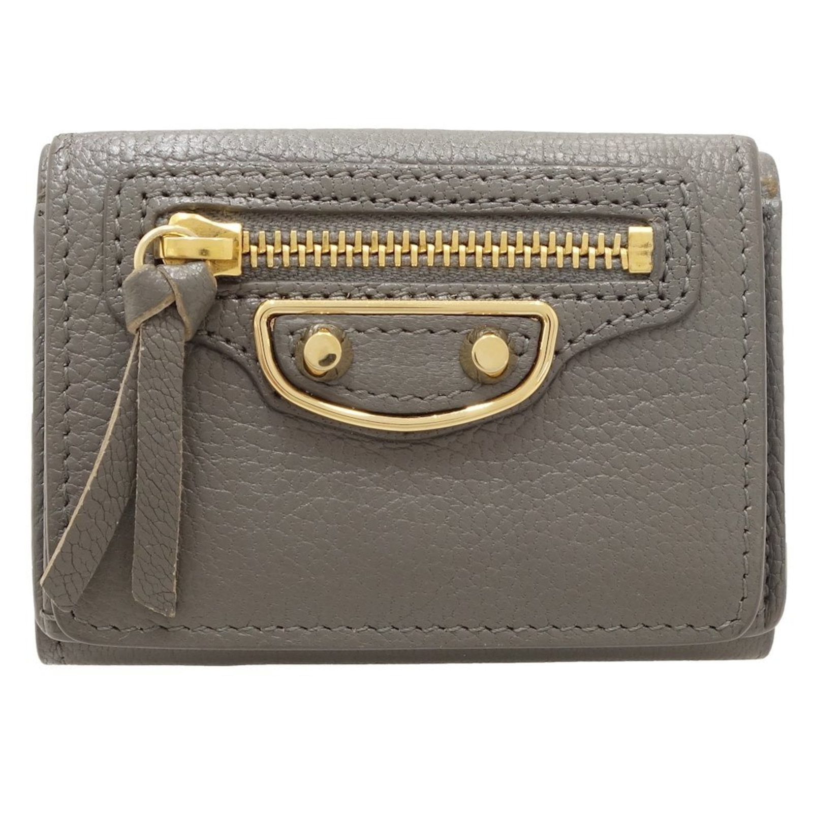 Balenciaga Wallet (Tri-Fold) Leather: Balenciaga Wallet (Tri-Fold) Leather The Balenciaga Wallet is a tri-fold leather wallet in gray color, made from high-quality leather. Its sleek design makes it a stylish accessory for everyday use.