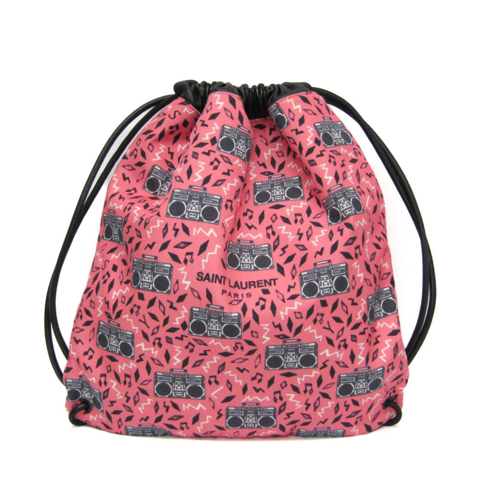 Laurent Leather Backpack Canvas: Laurent Leather Backpack Canvas Black and pink striped canvas backpack with a leather exterior, featuring a drawstring closure and a zipper pocket. The Saint Laurent Teddy bag boasts a sleek design