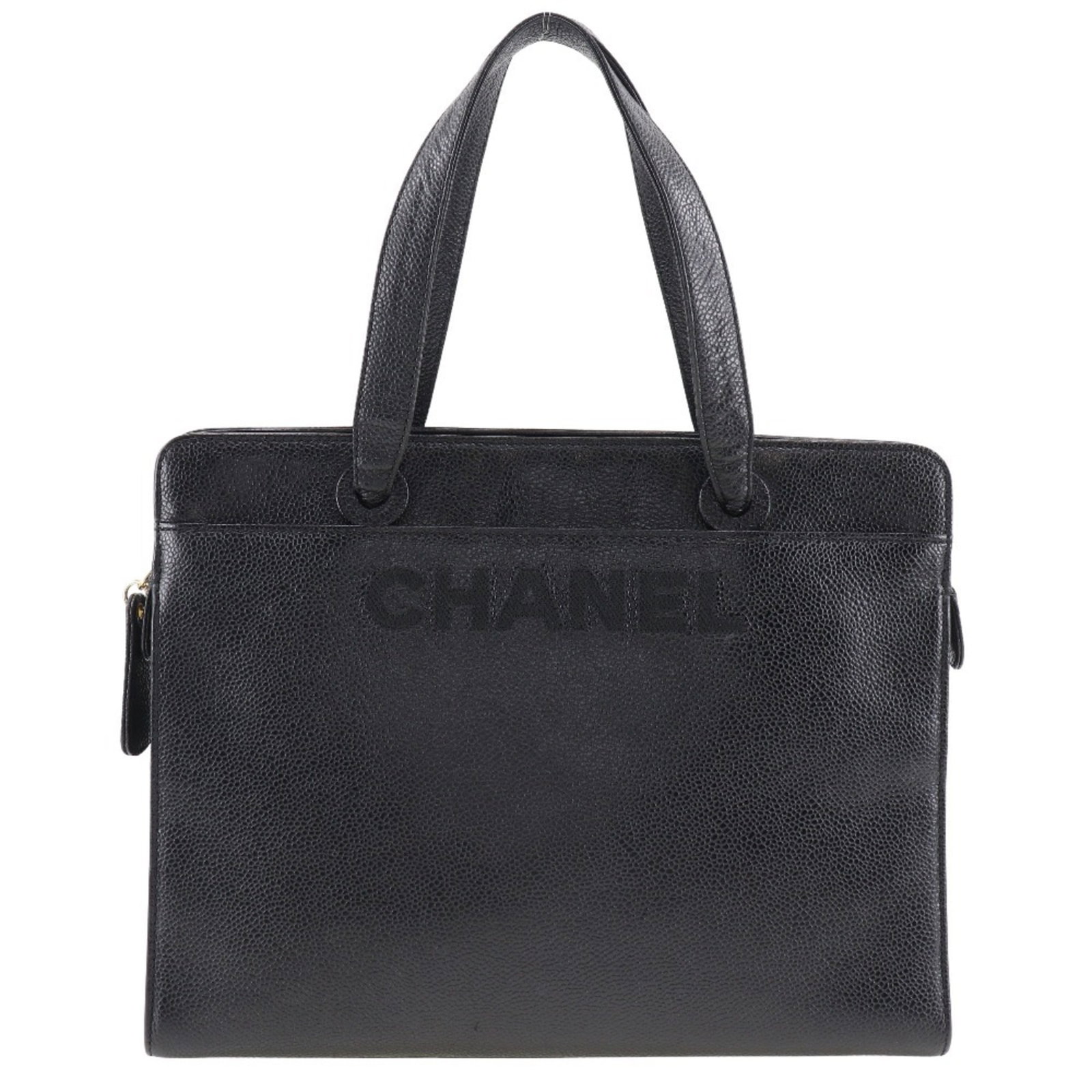 Caviar leather Chanel Handbag: Caviar leather Chanel Handbag Caviar leather Chanel Handbag in black, featuring a sleek and sophisticated design with a 22cm x 30cm x 11cm size. The bag's luxurious material and classic style make it 