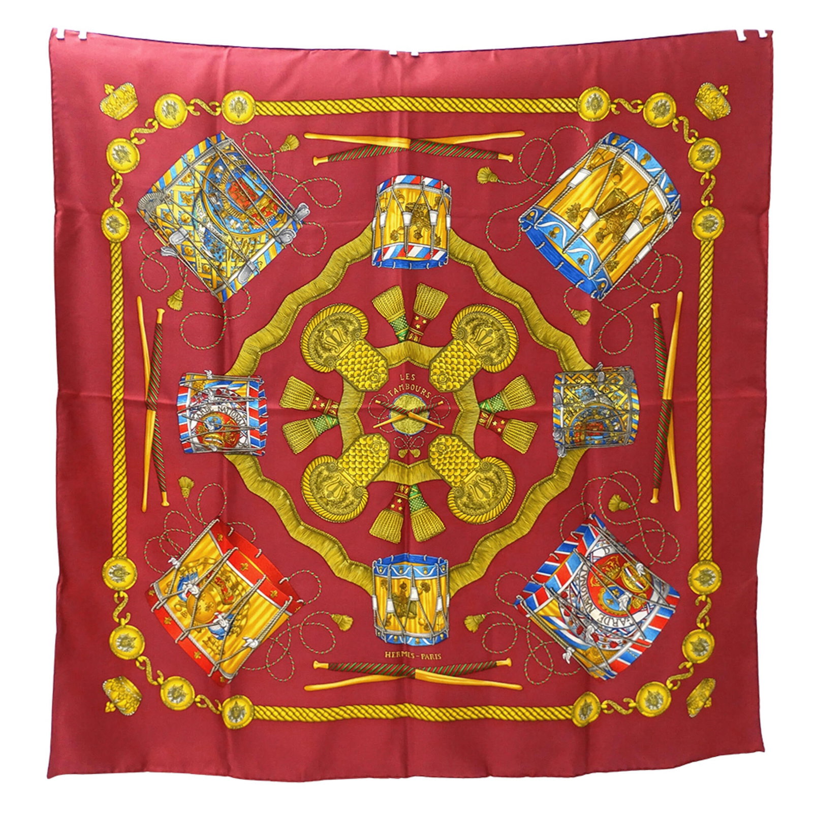 Silk Hermes Scarf: Silk Hermes Scarf Silk from France, this 88cm x 88cm red scarf is made from high-quality silk material, showcasing a classic design. A notable feature of this item is its country of origin,