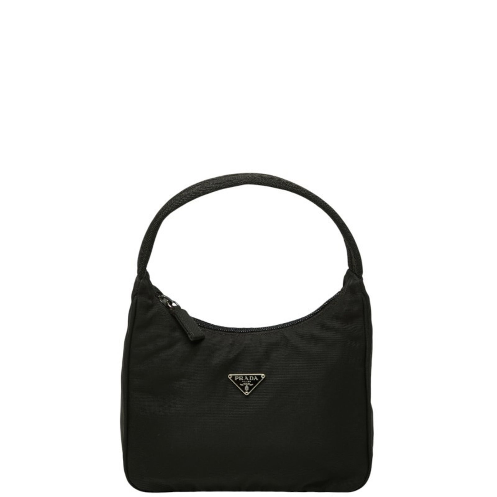 Nylon Prada Handbag: Nylon Prada Handbag The Prada Nylon Handbag is a sleek and modern design, featuring a durable nylon material and a striking black color. Measuring 18cm x 10cm x 6.5cm, this compact handbag is perfect