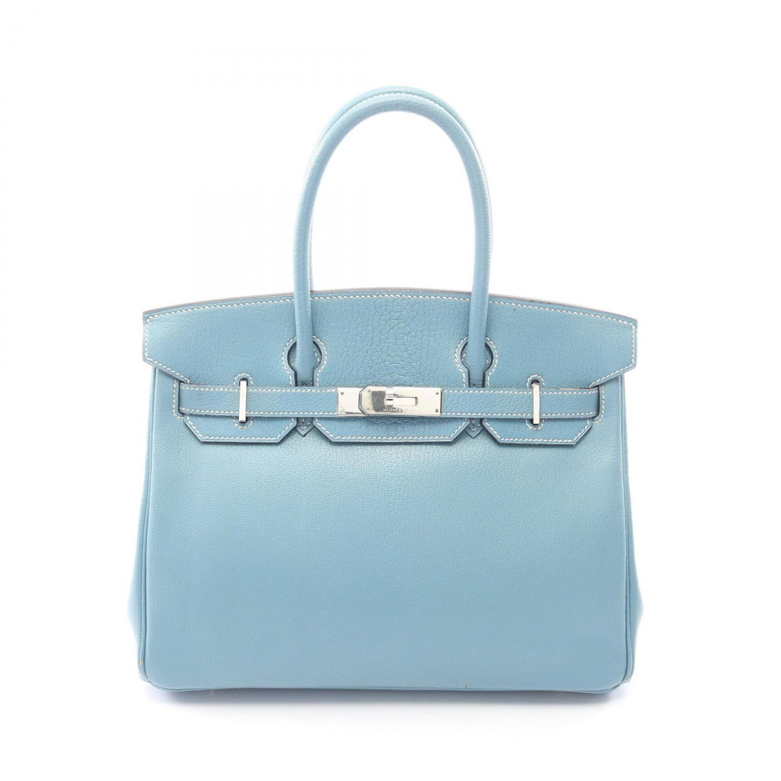 Handbag Chevre Leather Hermes: Handbag Chevre Leather Hermes Chevre leather provides a unique texture and visual interest to this blue Hermes handbag. The 24cm x 30cm x 15cm size and 9.44'' x 11.81'' x 5.9'' dimensions make it a