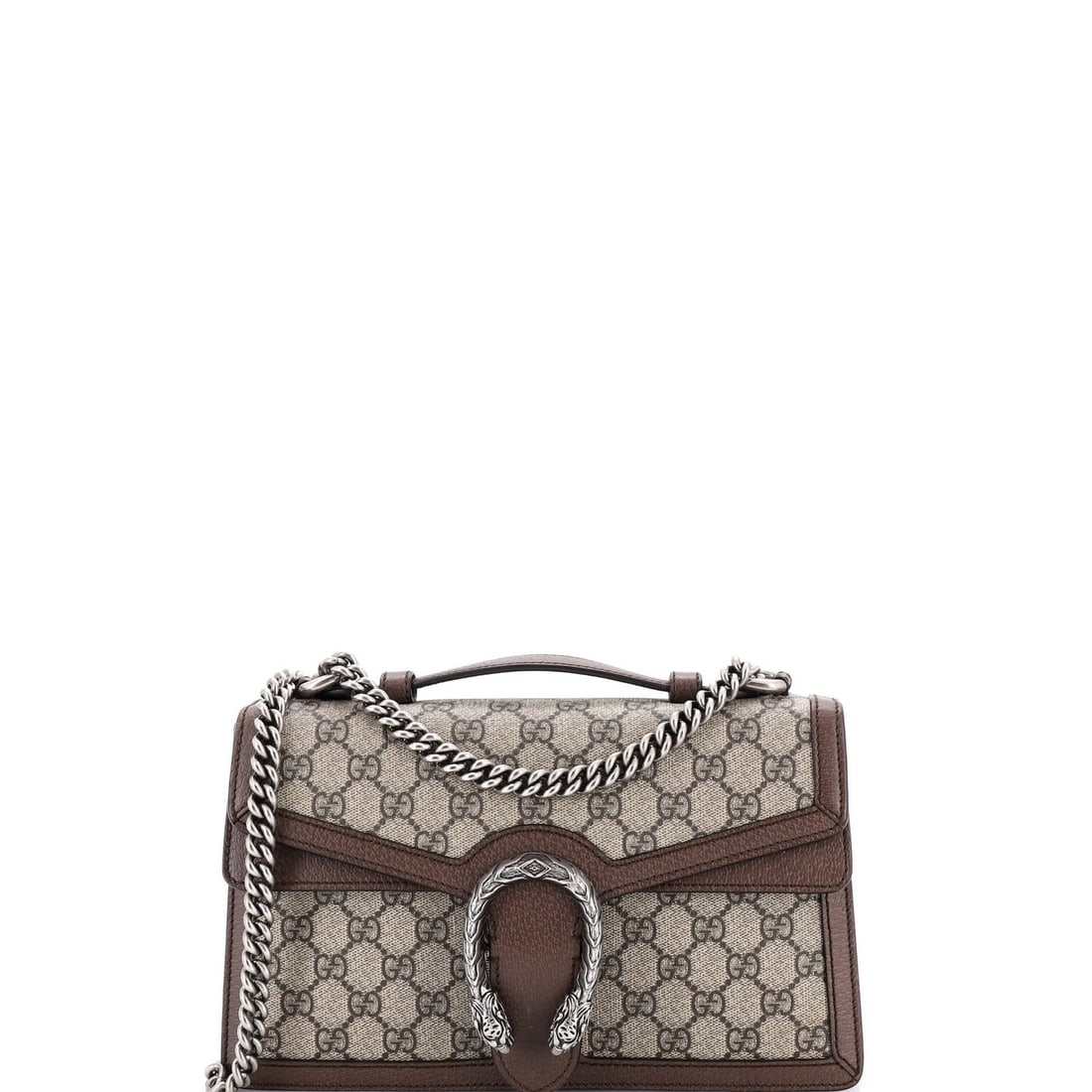Gucci Small Chain Handle Top Bag Canvas Coated Dionysus GG: Gucci Small Chain Handle Top Bag Canvas Coated Dionysus GG Brown canvas coated Dionysus GG top handle chain bag with 9.5" drop and 15.5" strap drop, featuring a neutral suede interior and aged silver